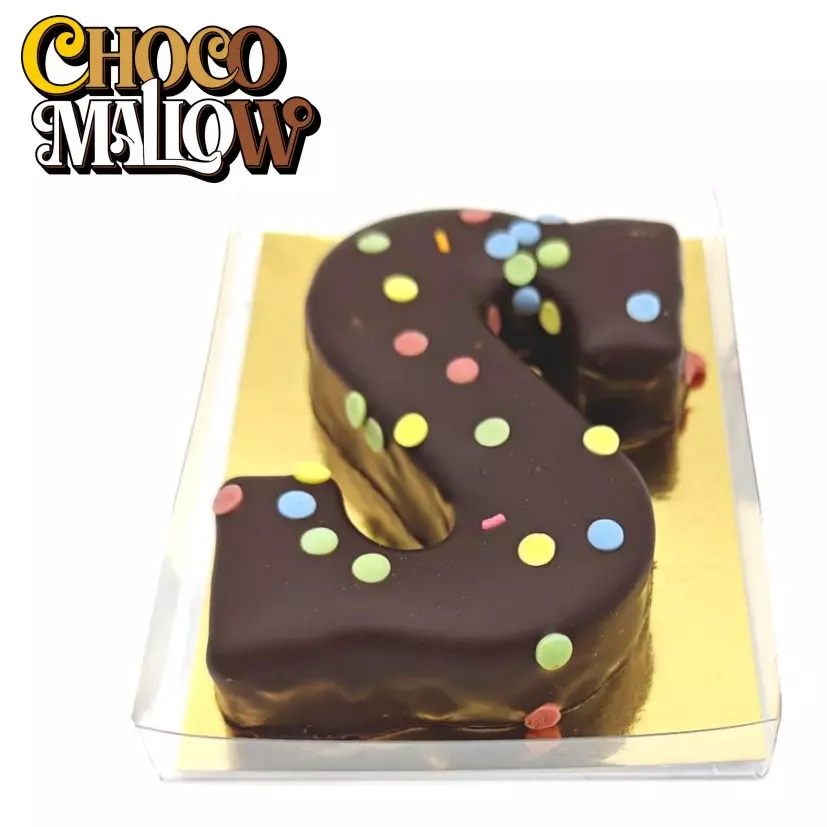 chocomellow, letter S,marshmellow, marshmallow met chocolade, marshmallow met chocolade met logo
