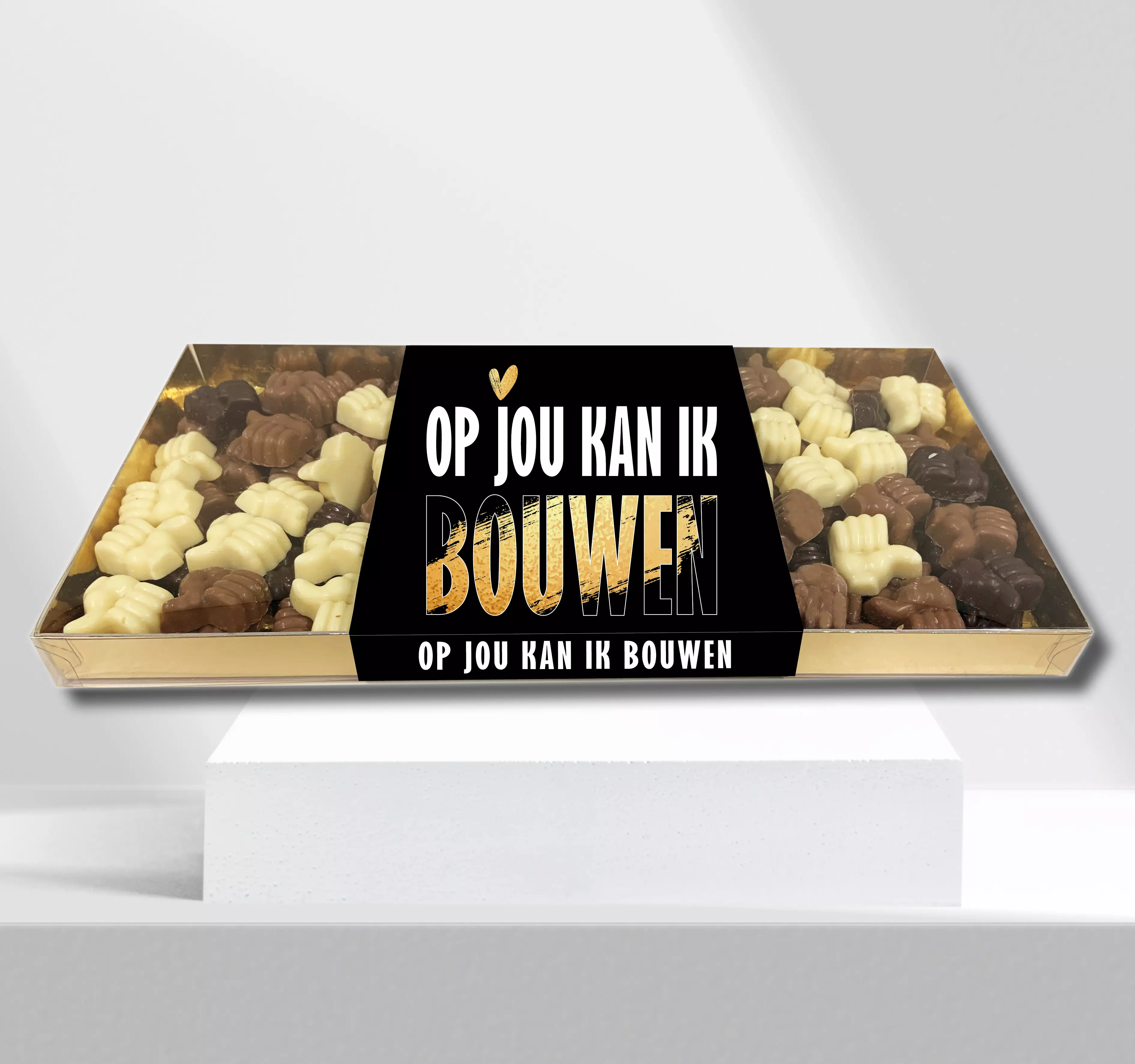 Geschenkdoos met 1 kilo (1000 gram) chocolade & eigen banderol 1 kilo chocolade duimpjes