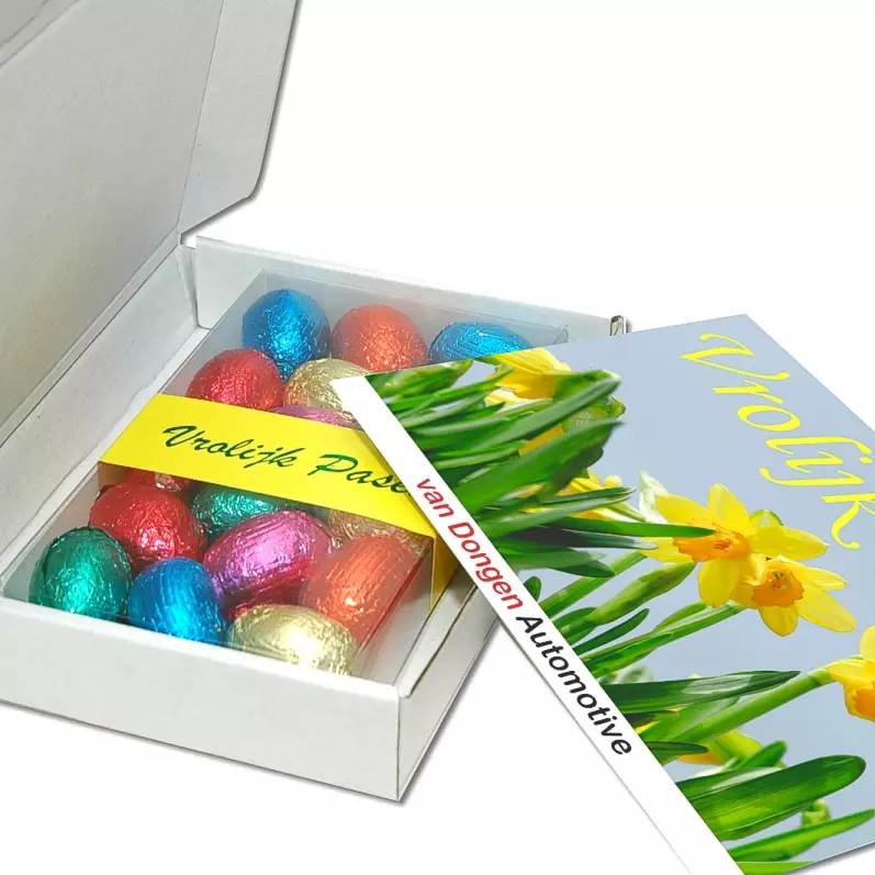 Brievenbusdoosje 150 gram Verzenddoos met 150 gram eitjes en een kaart