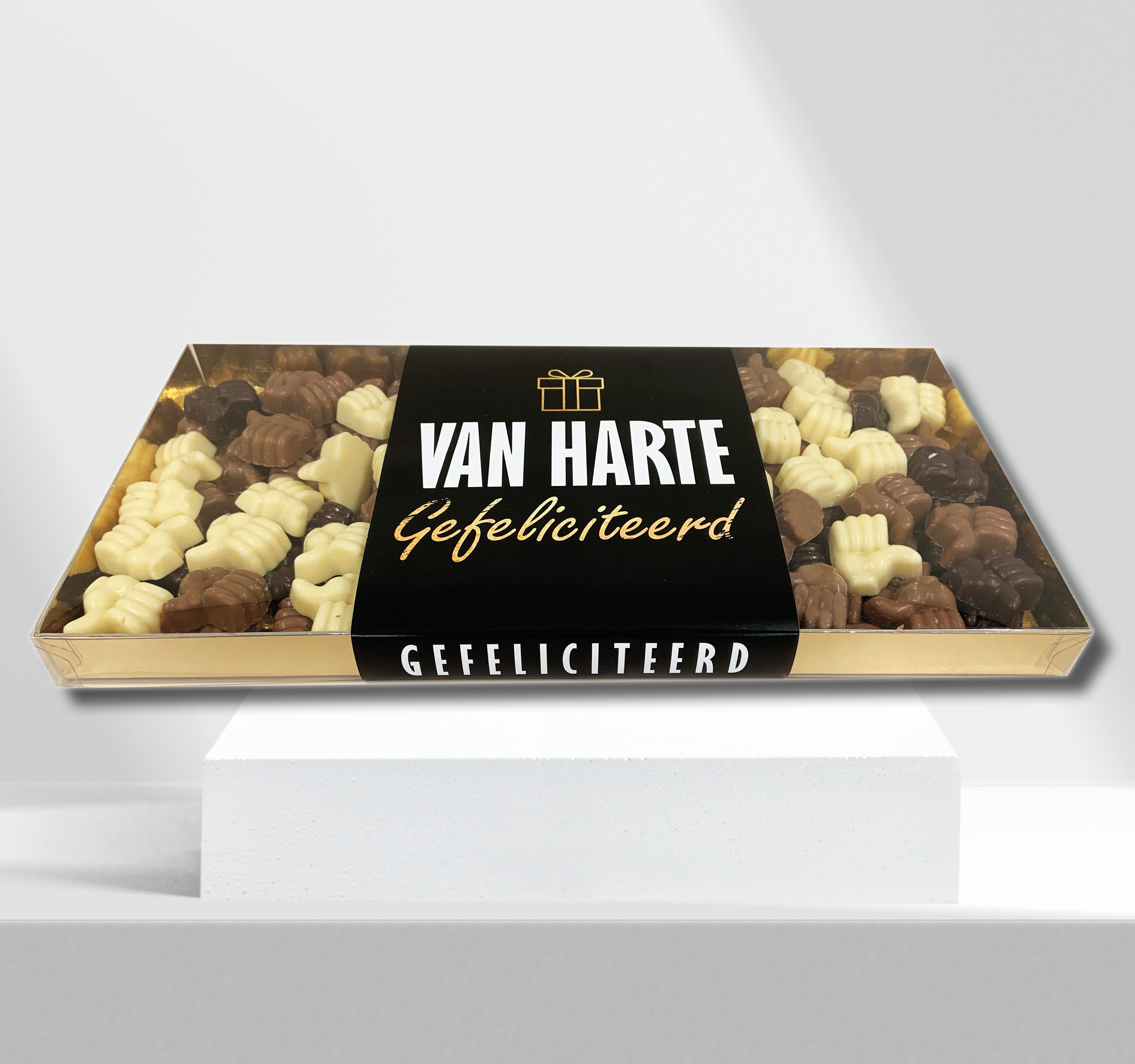 Geschenkdoos met 1 kilo (1000 gram) chocolade & eigen banderol 1 kilo chocolade duimpjes