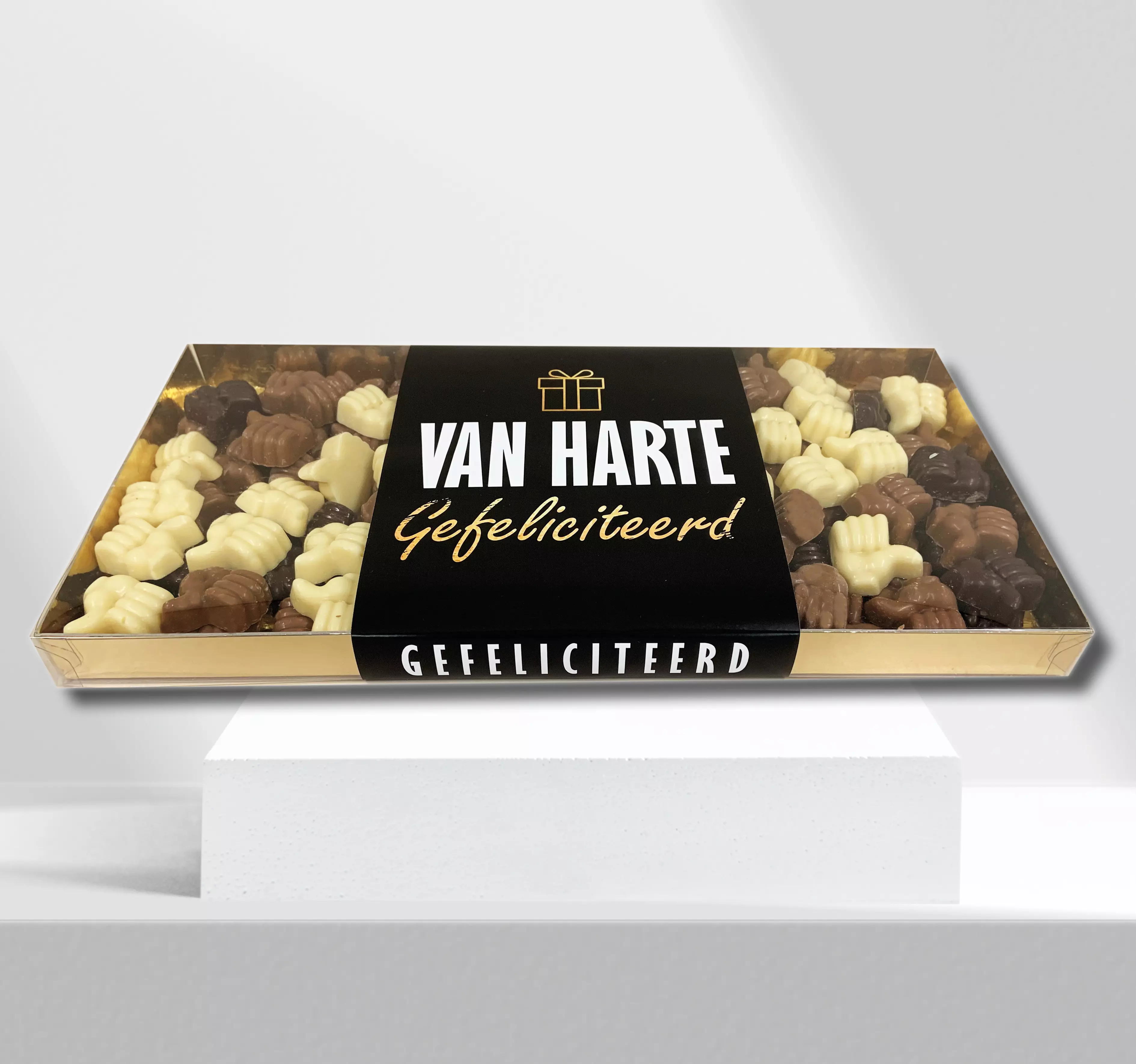 Geschenkdoos met 1 kilo (1000 gram) chocolade & eigen banderol 1 kilo chocolade duimpjes