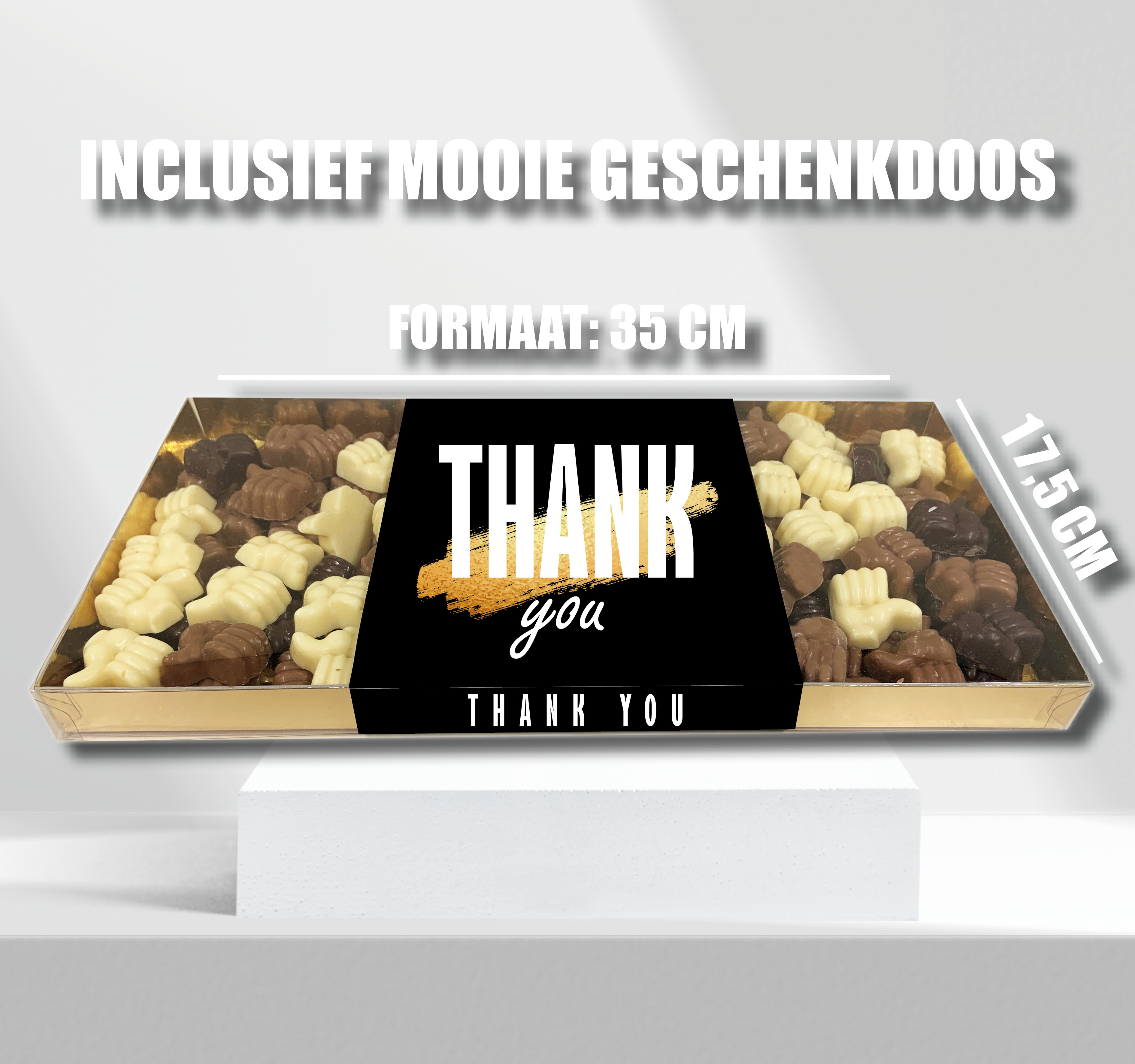 Geschenkdoos met 1 kilo (1000 gram) chocolade & eigen banderol 1 kilo chocolade duimpjes