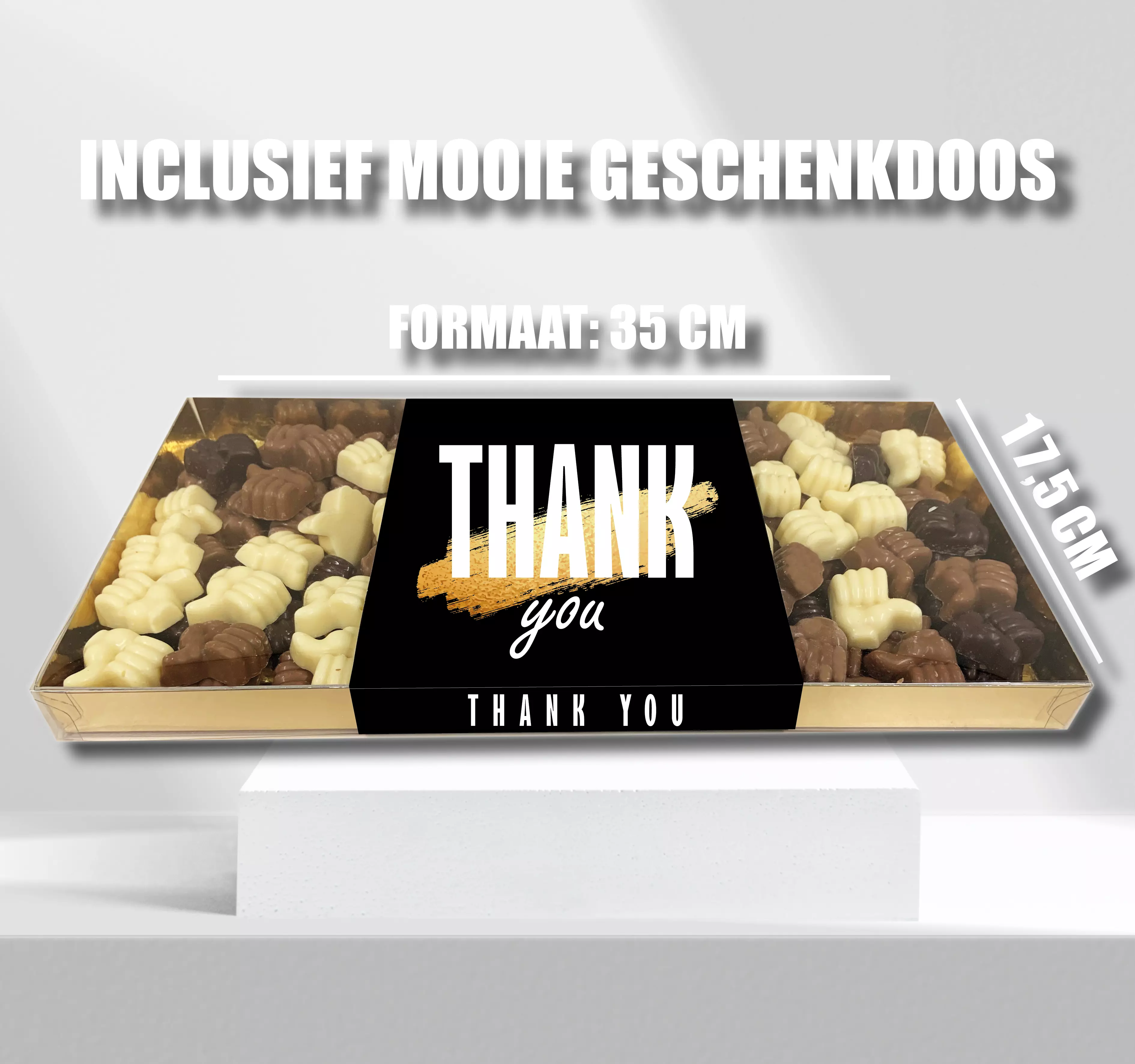 Geschenkdoos met 1 kilo (1000 gram) chocolade & eigen banderol 1 kilo chocolade duimpjes