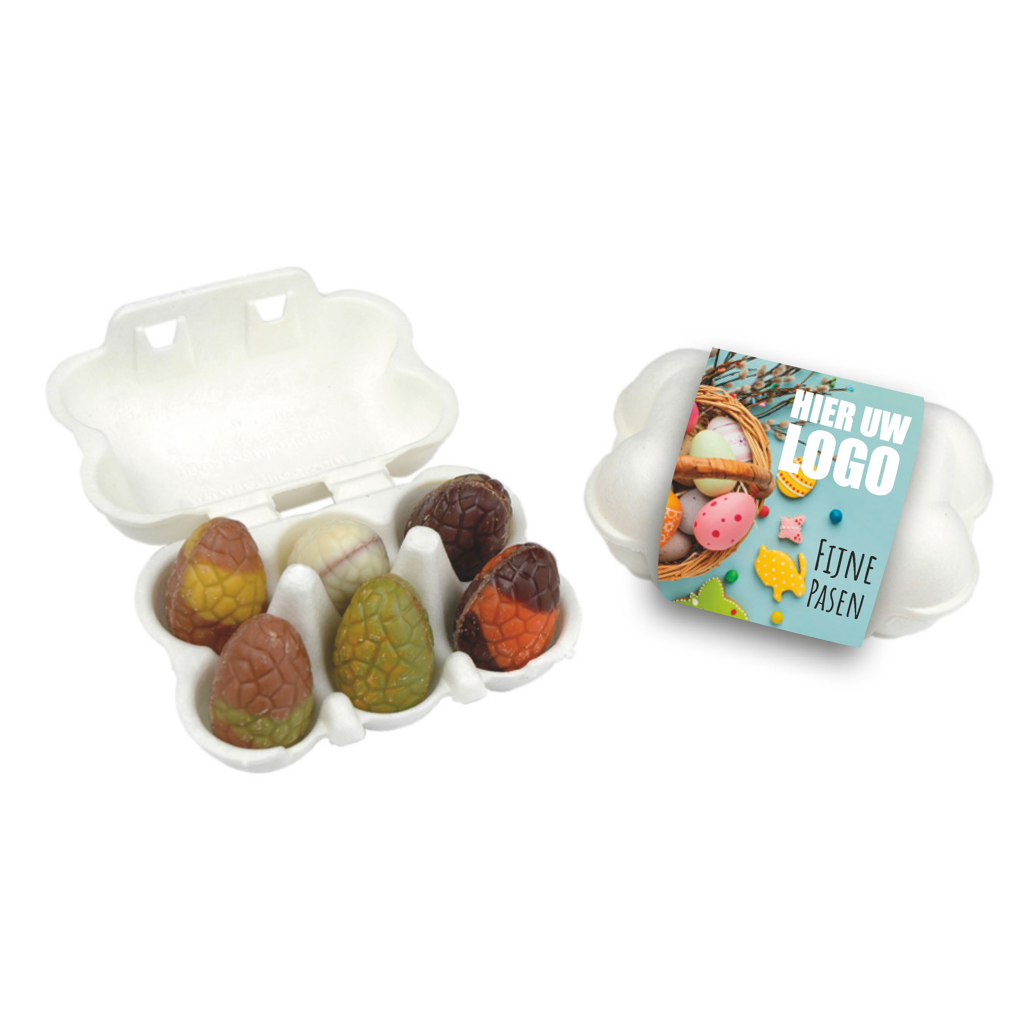 doosje met paaseitjes en logo, biologisch paasei doosje