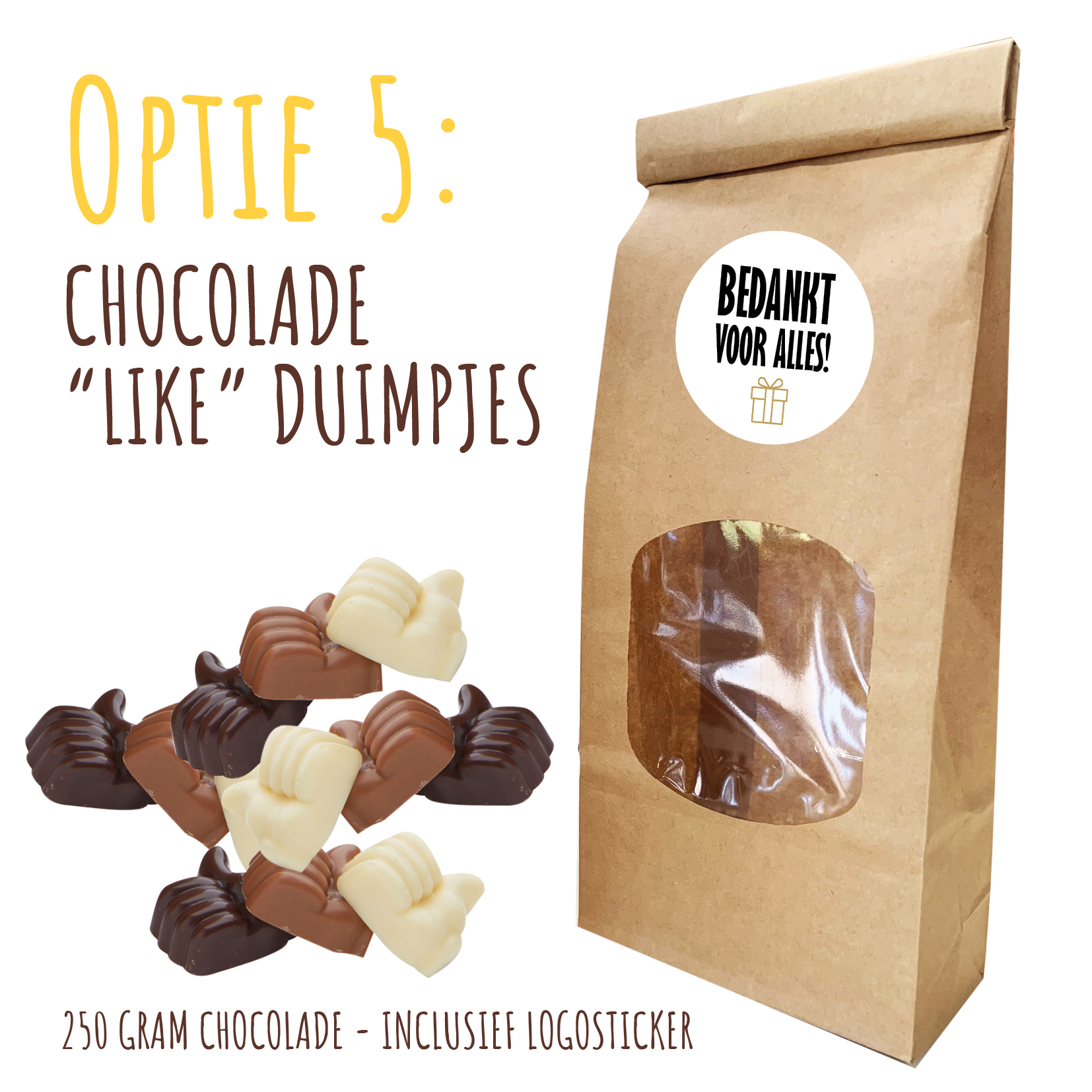 BIO Duurzaam Kraft "Vulzakje" met 250 gram chocolade - Inclusief logosticker chocolade duimpjes