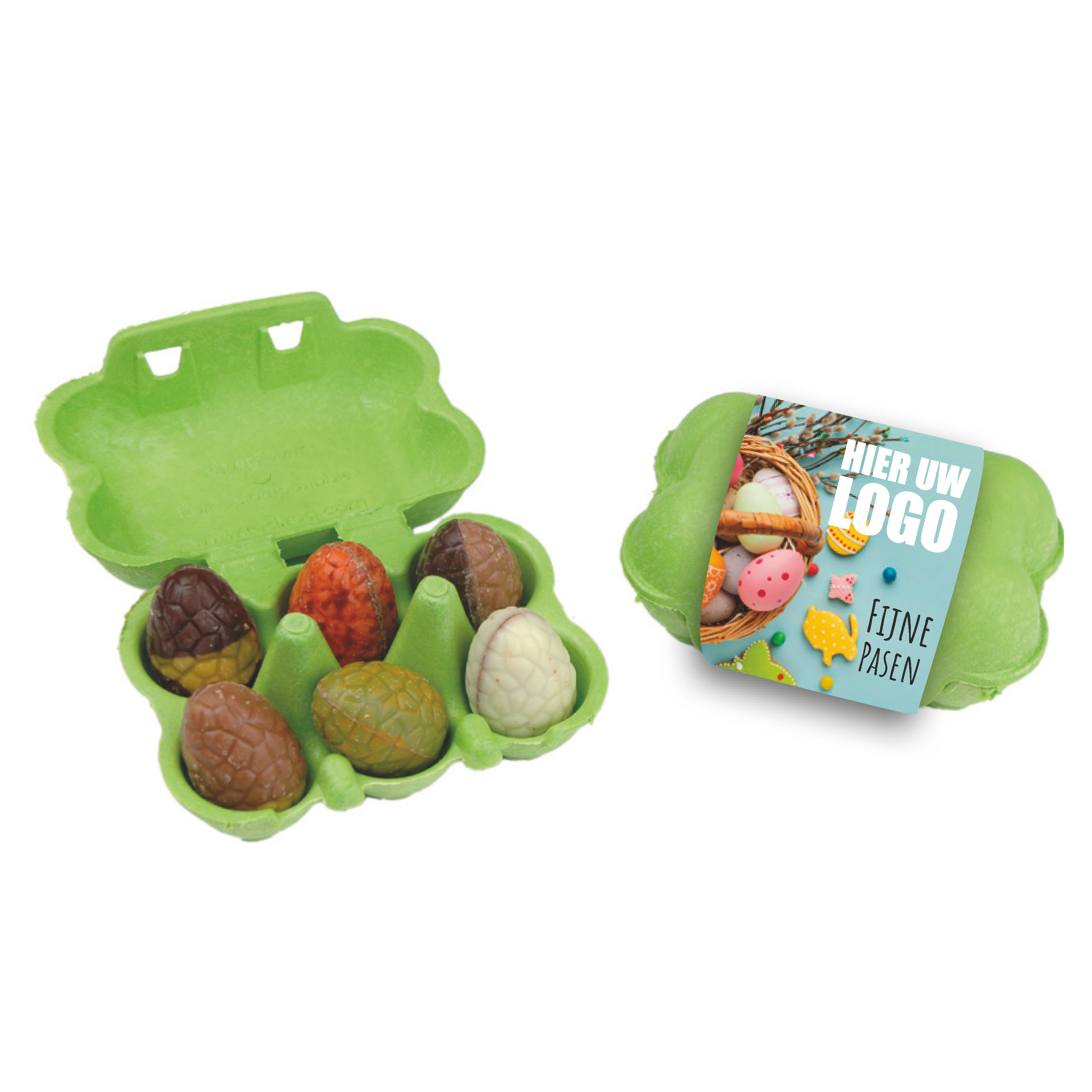 Paas chocolade, paas eieren, praline, paas chocolade met een logo, Pasen, biologosch afbreekbaar eierdoosje