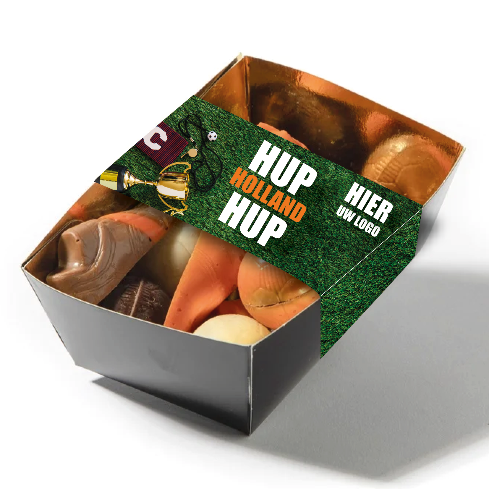 Chocolade bakje 175 gram, flowpack bakje chocolade, voetbal, oranje, chocolade met een logo