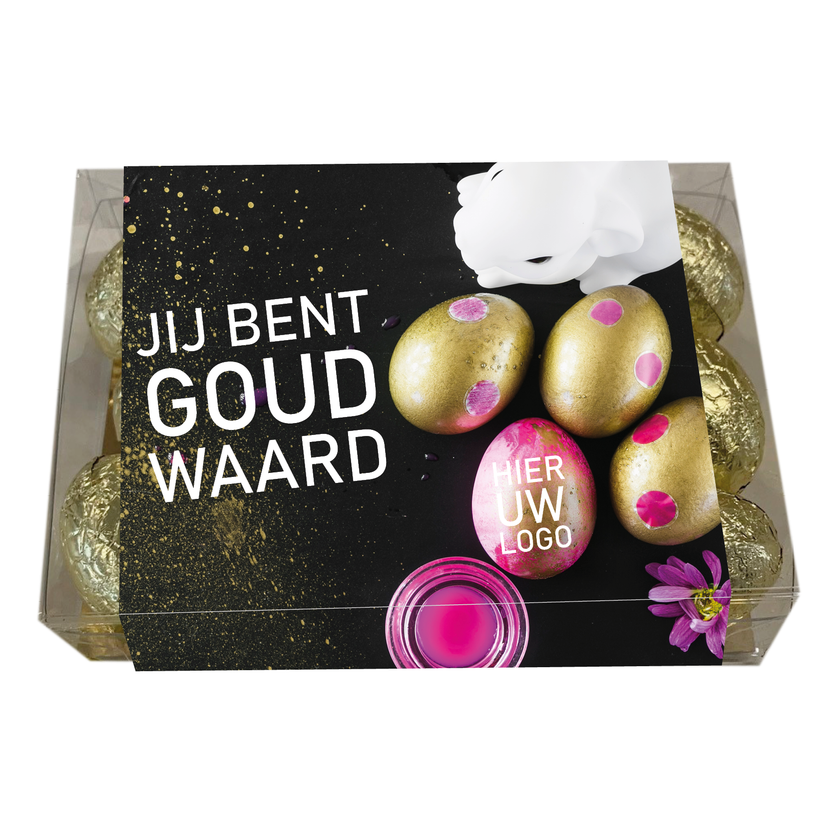 Geschenk doosje met 12 gouden chocolade paaseitjes - inclusief banderol
