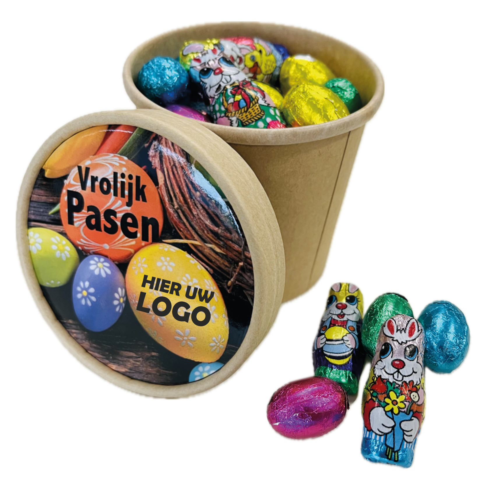 De PaasSnoepbeker 150 gram folie eitjes + haas - inclusief dekselsticker