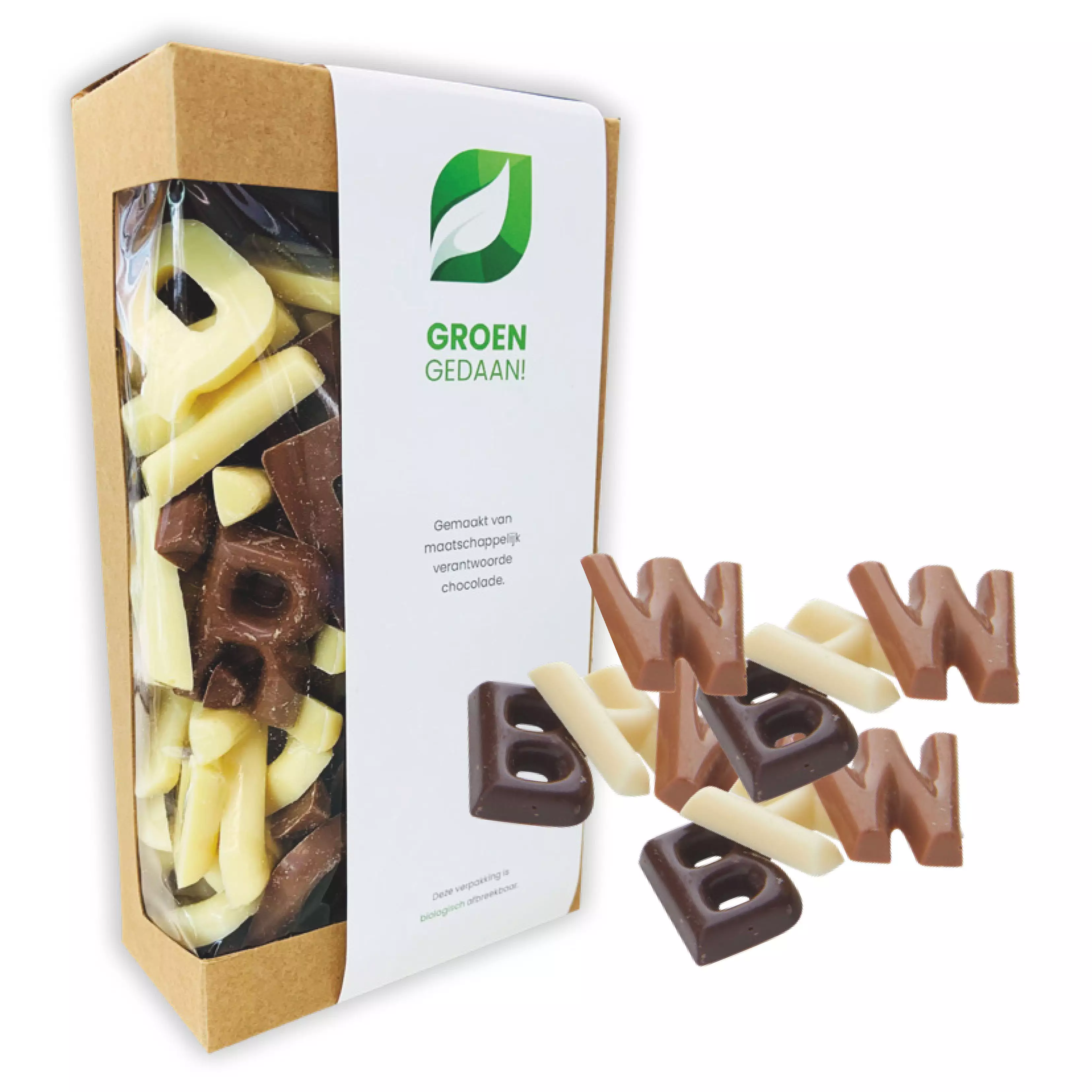 Chocolade lettertjes, sinterklaas lettertjes, doosje chocolade lettertjes, eco, biologisch
