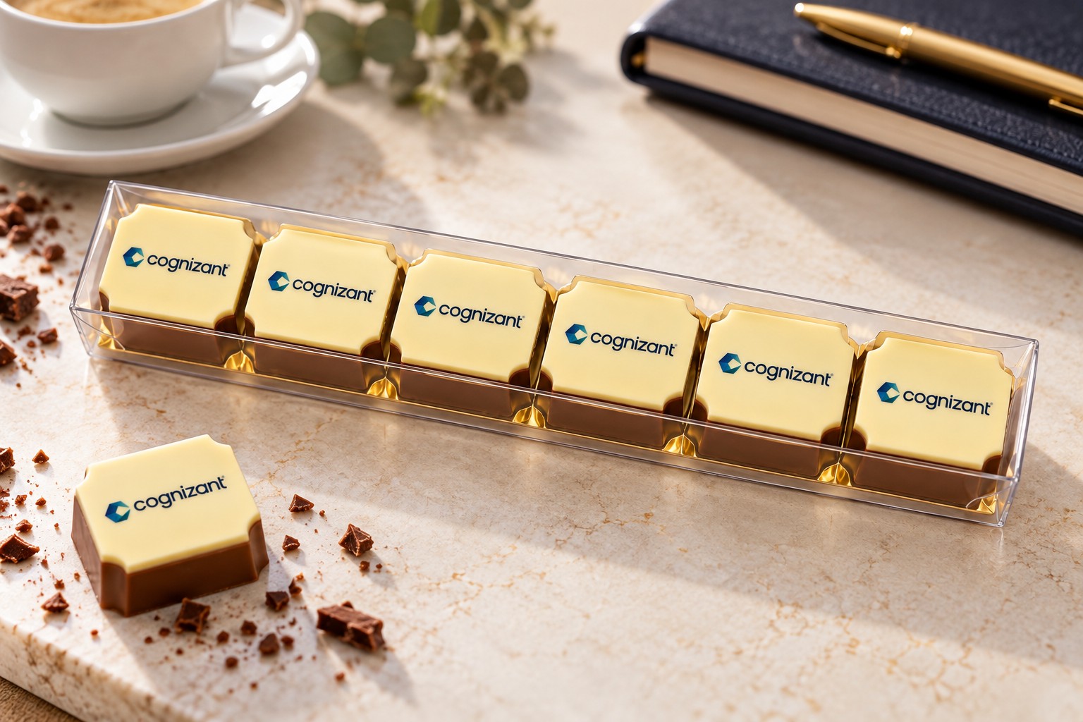 6 logobonbons in transparant doosje
