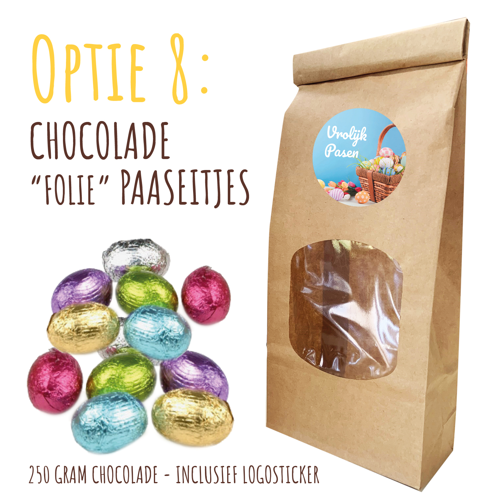 BIO Duurzaam Kraft "Vulzakje" met 250 gram chocolade - Inclusief logosticker paaseitjes in zakje, gekleurde eitjes