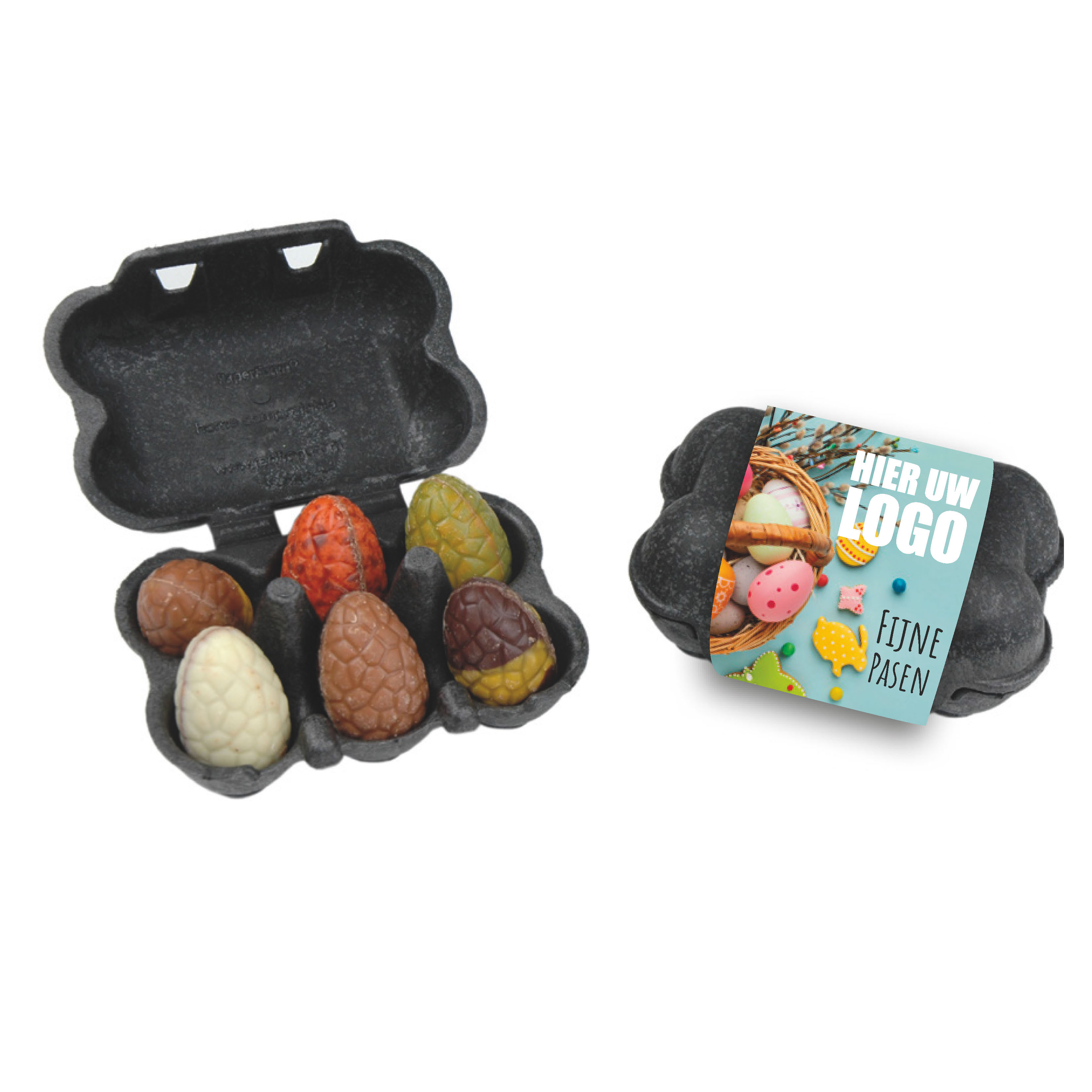 Paas chocolade, paas eieren, praline, paas chocolade met een logo, Pasen, biologosch afbreekbaar eierdoosje