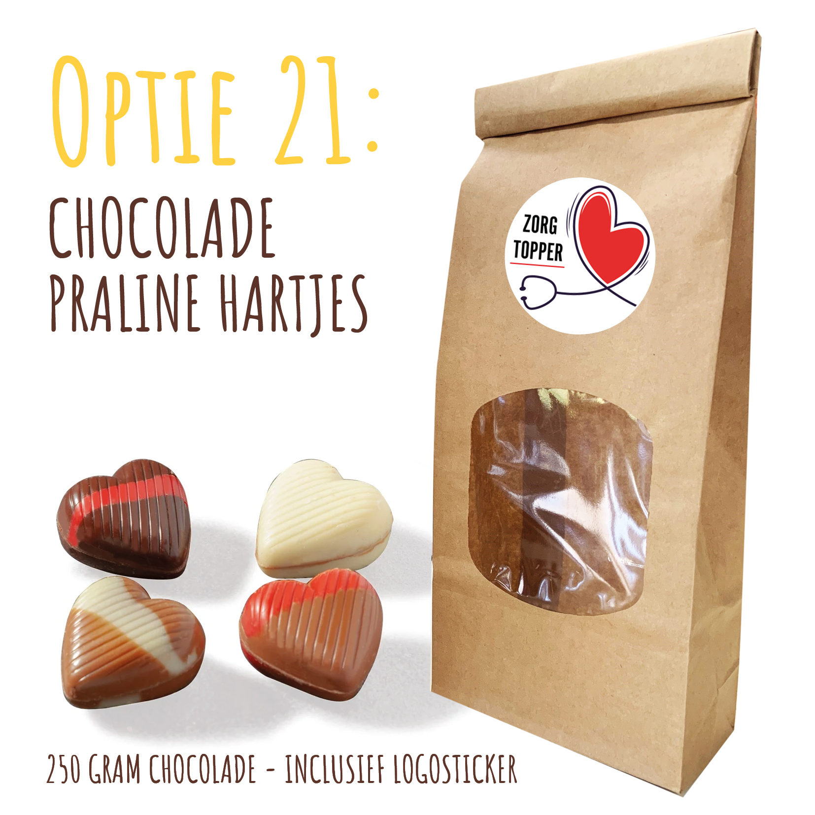 BIO Duurzaam Kraft "Vulzakje" met 250 gram chocolade - Inclusief logosticker chocolade praline hartjes