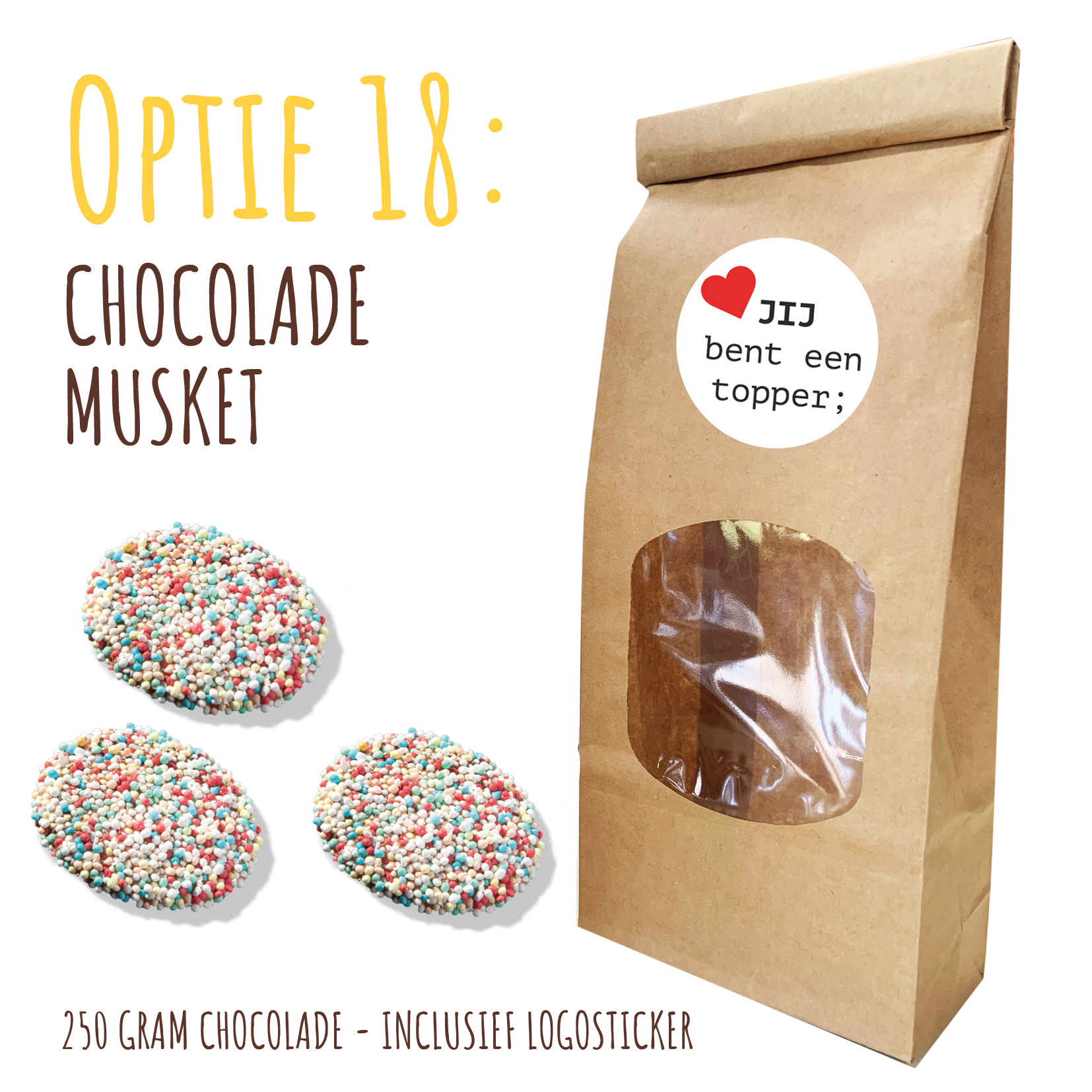 BIO Duurzaam Kraft "Vulzakje" met 250 gram chocolade - Inclusief logosticker chocolade musket, disco