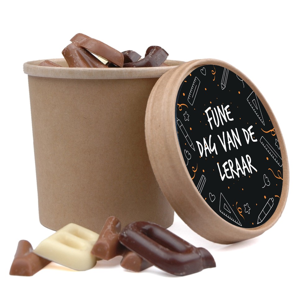 chocolade lettertjes, biobeker met logo