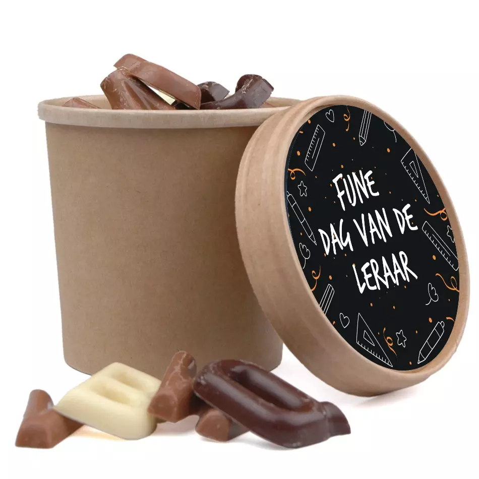 chocolade lettertjes, biobeker met logo
