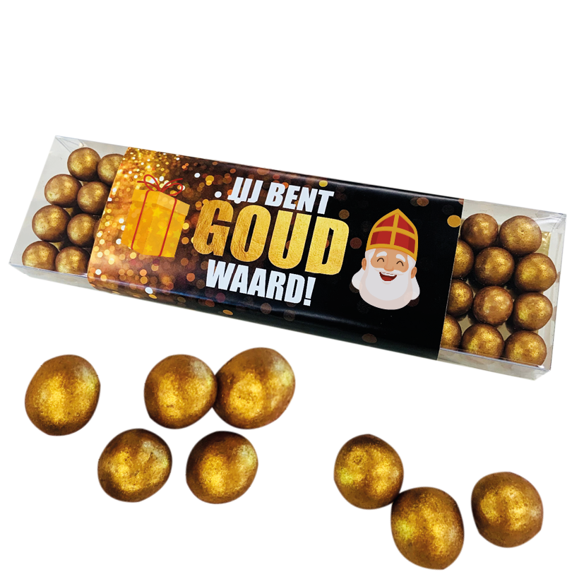 SINT Geschenkdoosje GROOT met gouden chocolade crispy parels - inclusief banderol
