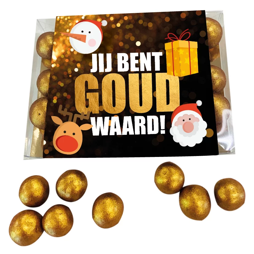 KERST Geschenkdoosje met gouden chocolade crispy parels - inclusief banderol