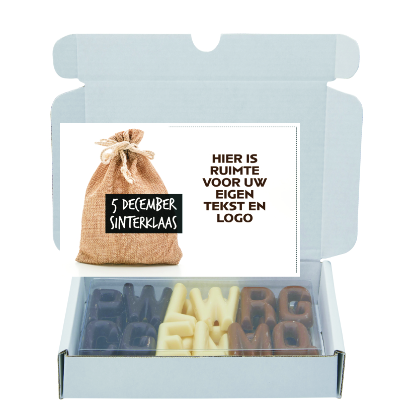 Verzenddoosje chocolade lettertjes, sinterklaas