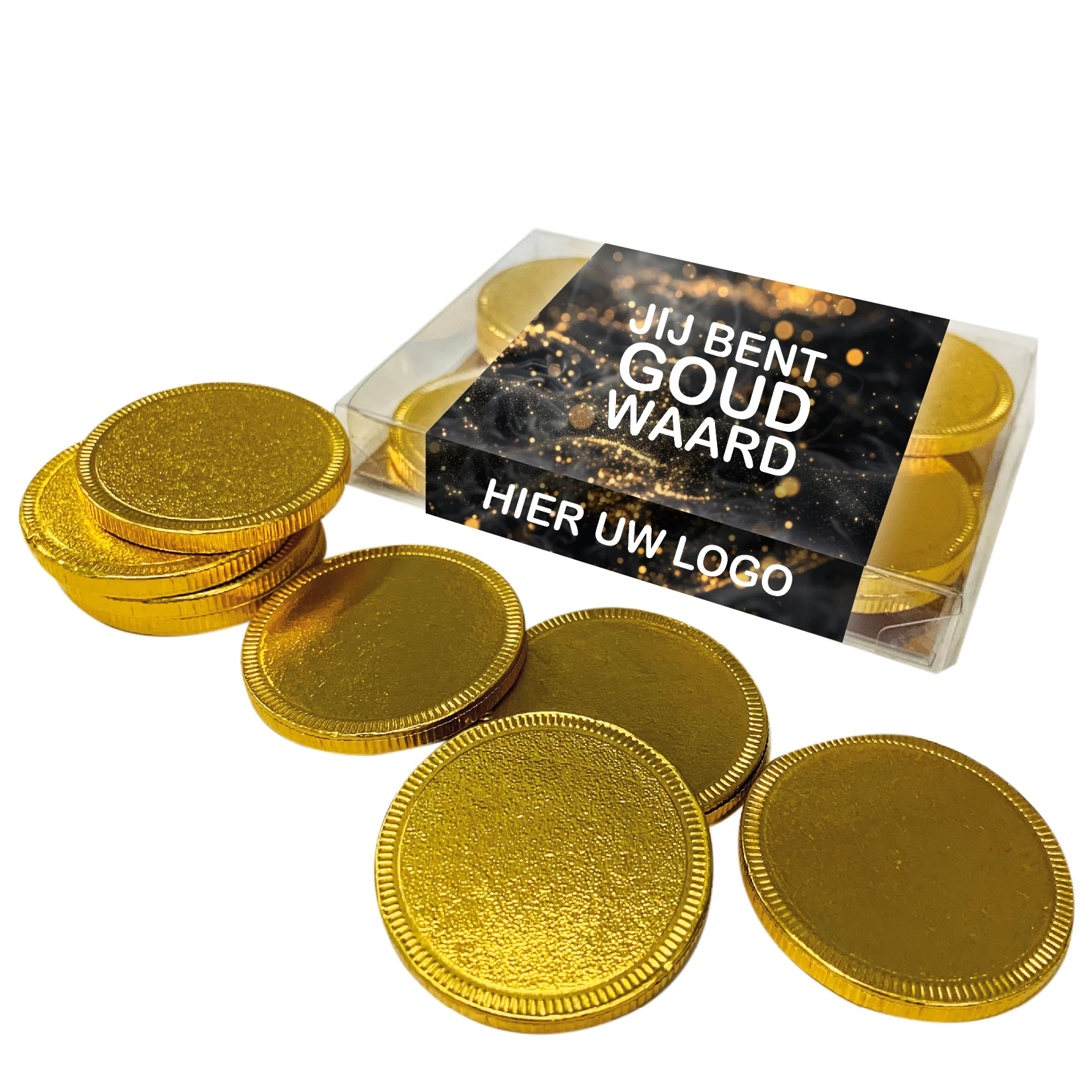 Doosje met 10 chocolade gouden munten inclusief banderol Doosje met 10 chocolade gouden munten inclusief banderol