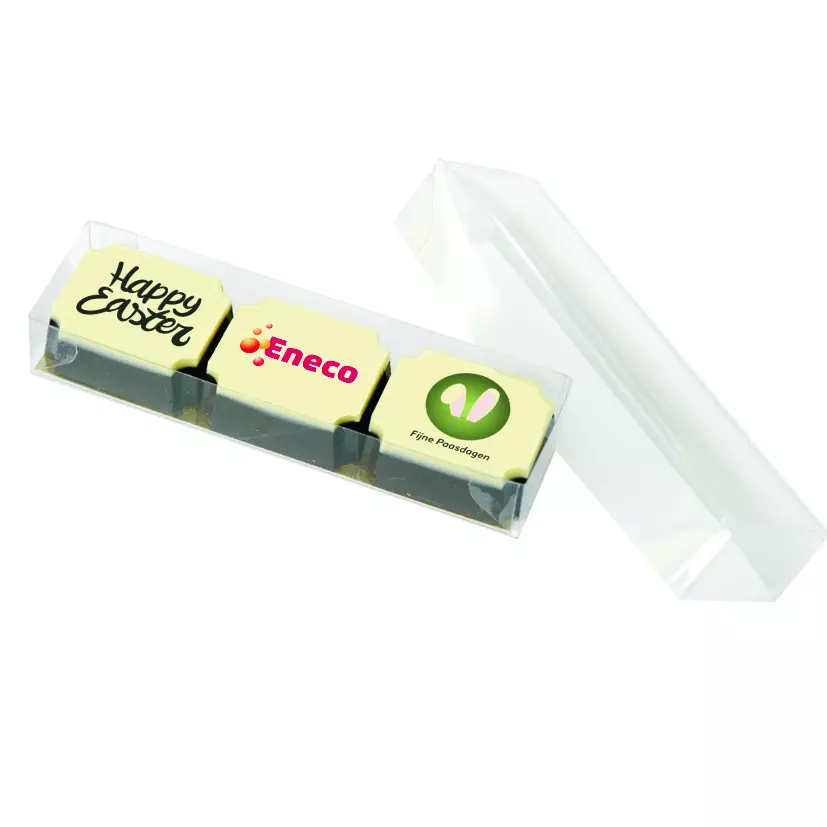 Doosje met 3 paasbonbons en logo