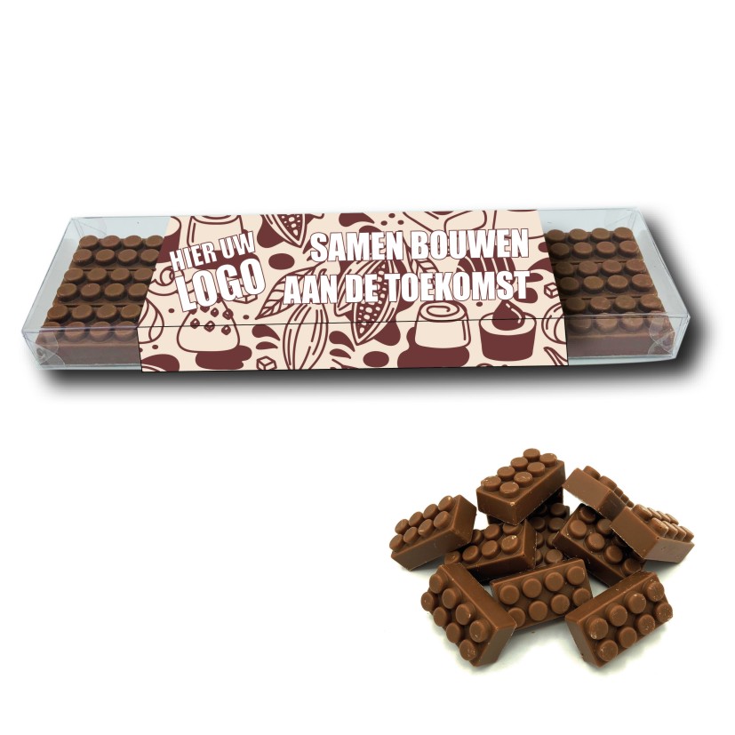 Doosje met 18 chocolade bouwblokjes inclusief banderol
