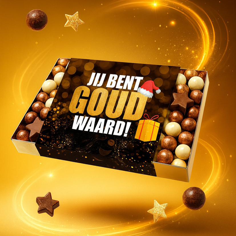 Kerstbox met chocolade melk sterretjes + chocolade kerstballetjes - inclusief banderol