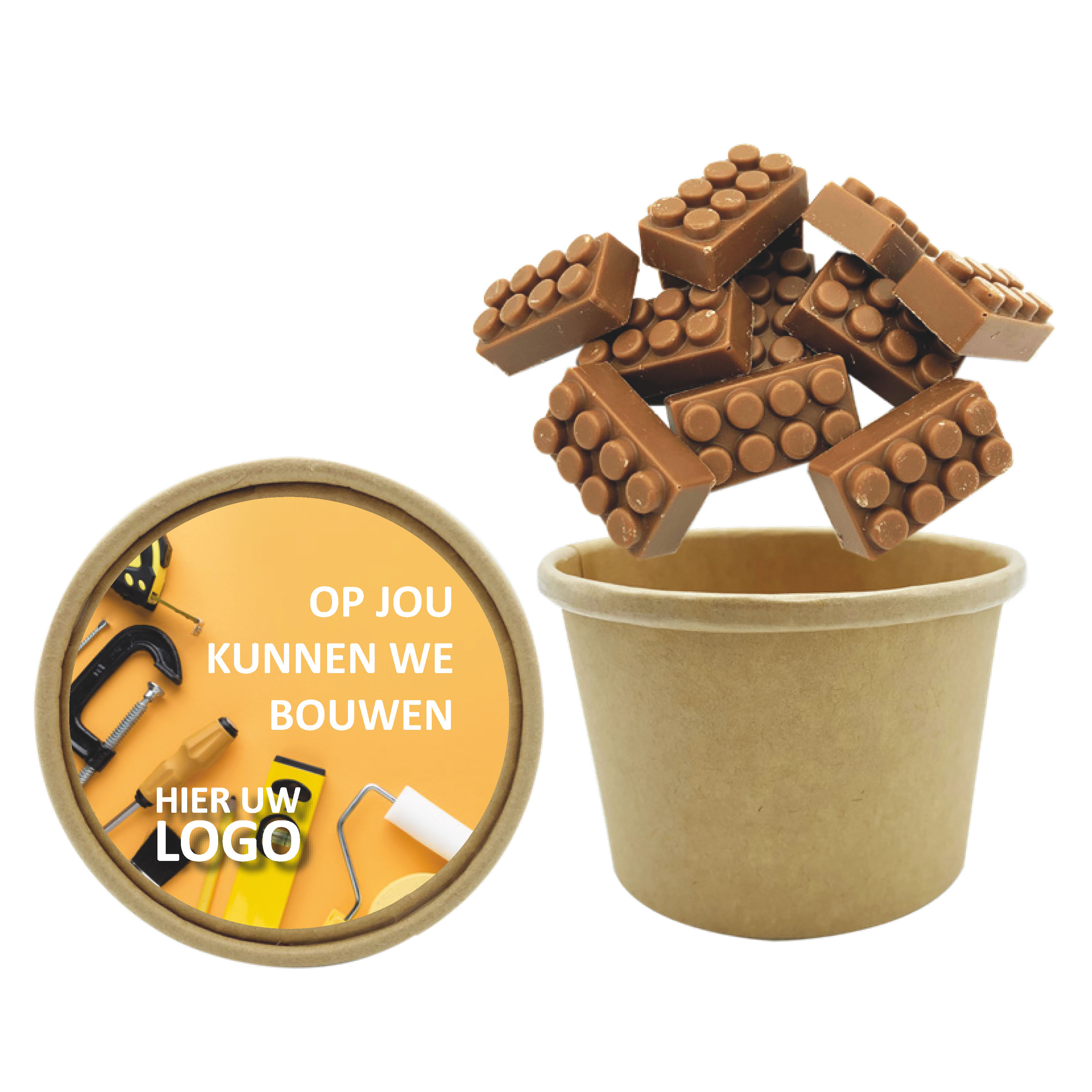 biobeker chocolade bouwblokjes, chocolade met een logo, legoblokje