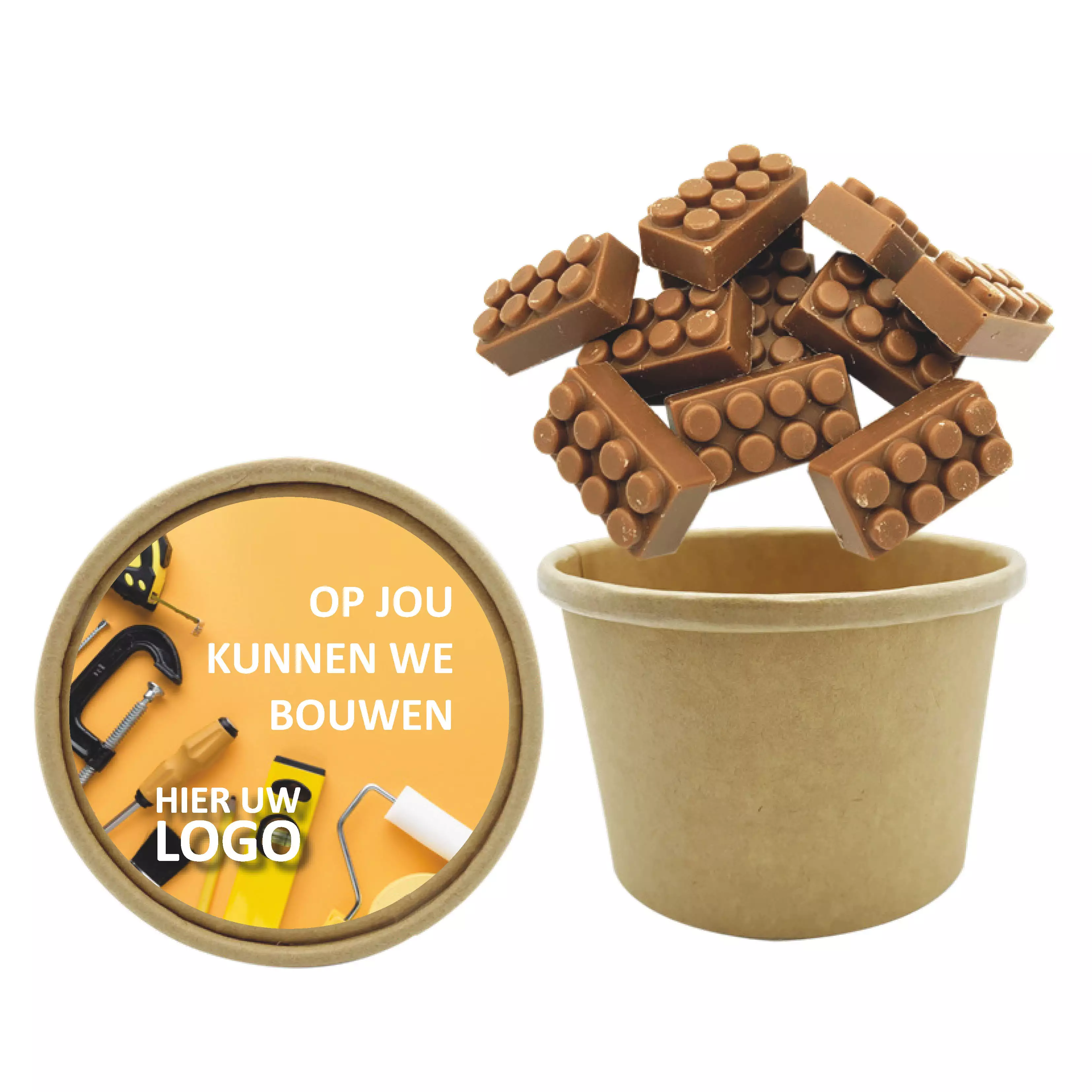 biobeker chocolade bouwblokjes, chocolade met een logo, legoblokje
