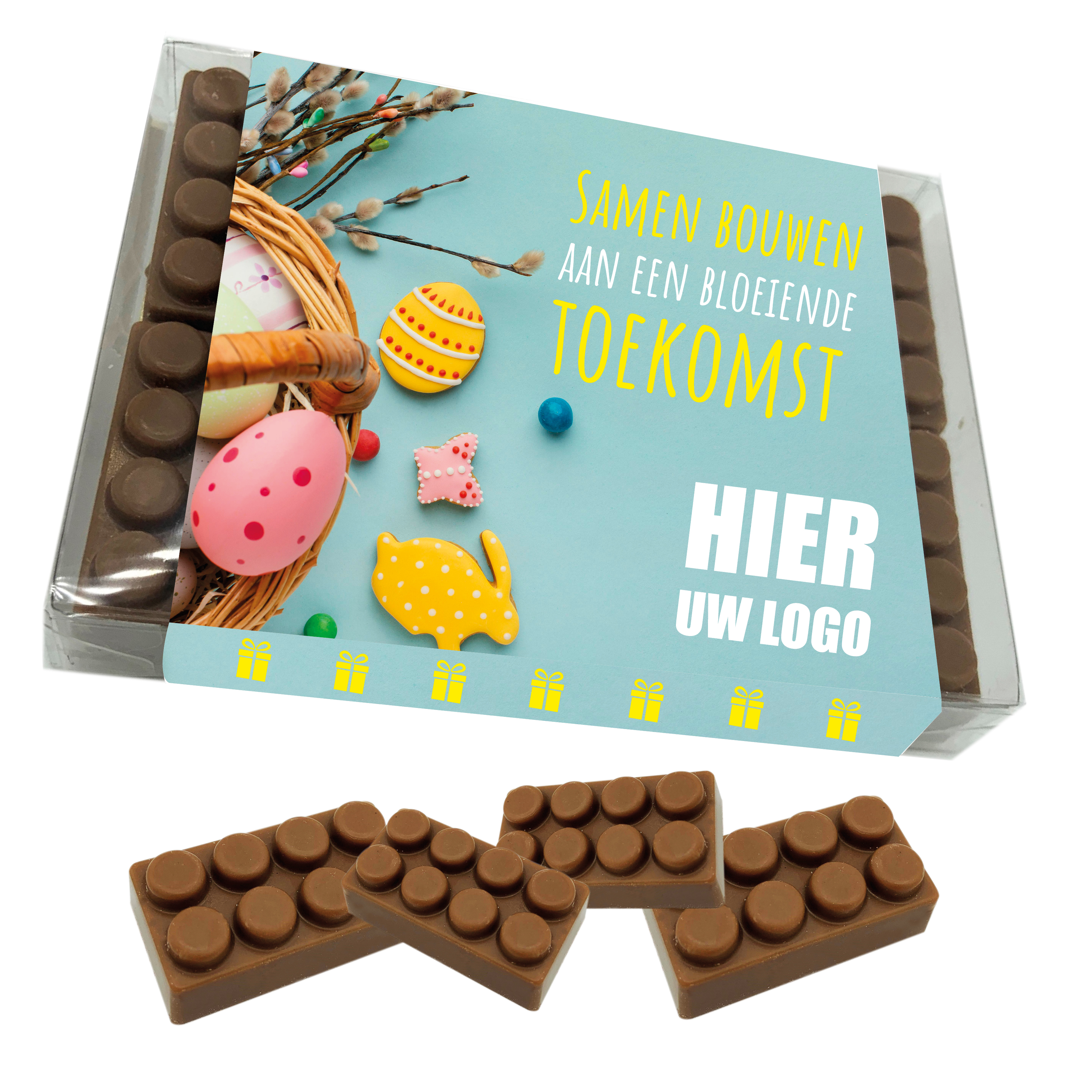 Doosje met 10 chocolade PAAS bouwblokjes inclusief banderol