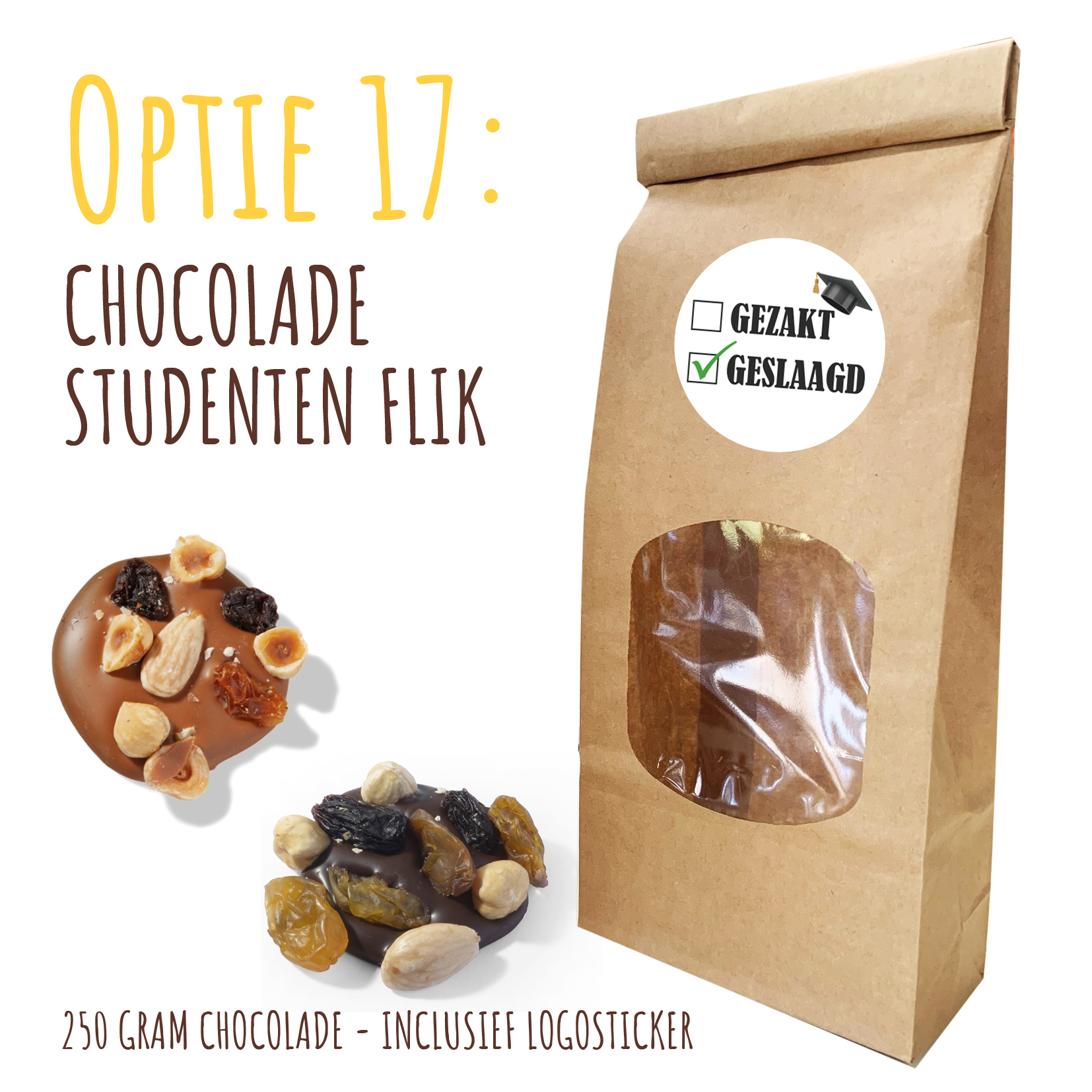 BIO Duurzaam Kraft "Vulzakje" met 250 gram chocolade - Inclusief logosticker chocolade studenten flik