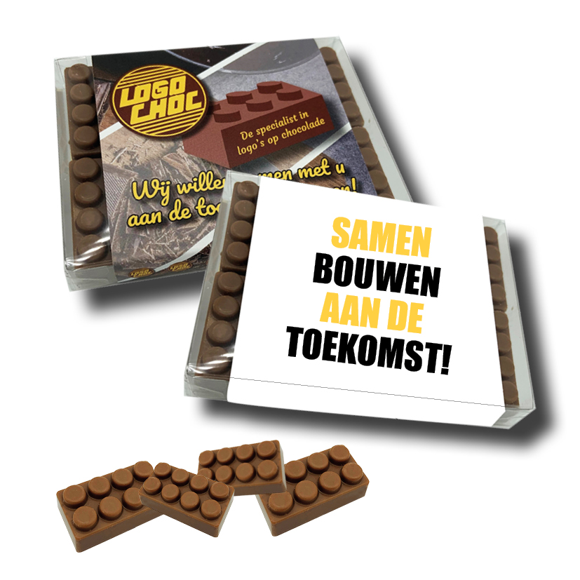 Doosje met 10 chocolade bouwblokjes inclusief banderol