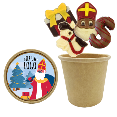 Bio Snoepbeker met diverse sint chocolade - inclusief dekselsticker