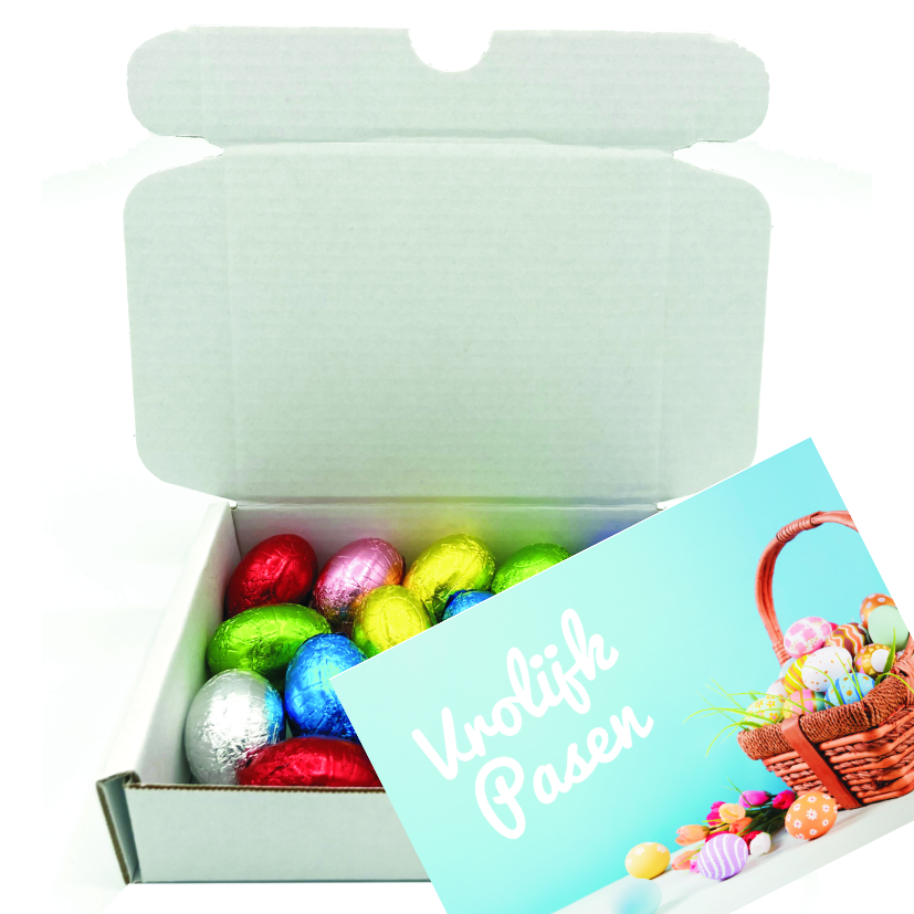 Verzenddoos met 175 gram eitjes en een kaart 