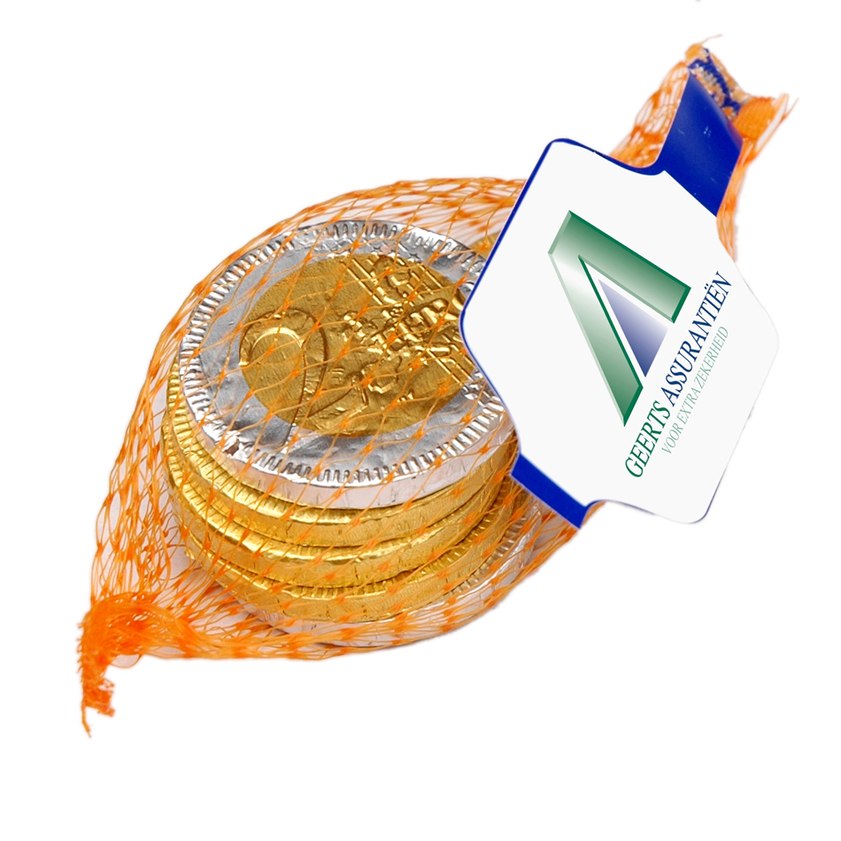 Chocolade munten in netje met logo