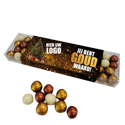 KERST Geschenkdoosje GROOT met gekleurde chocolade kerstballetjes - inclusief banderol