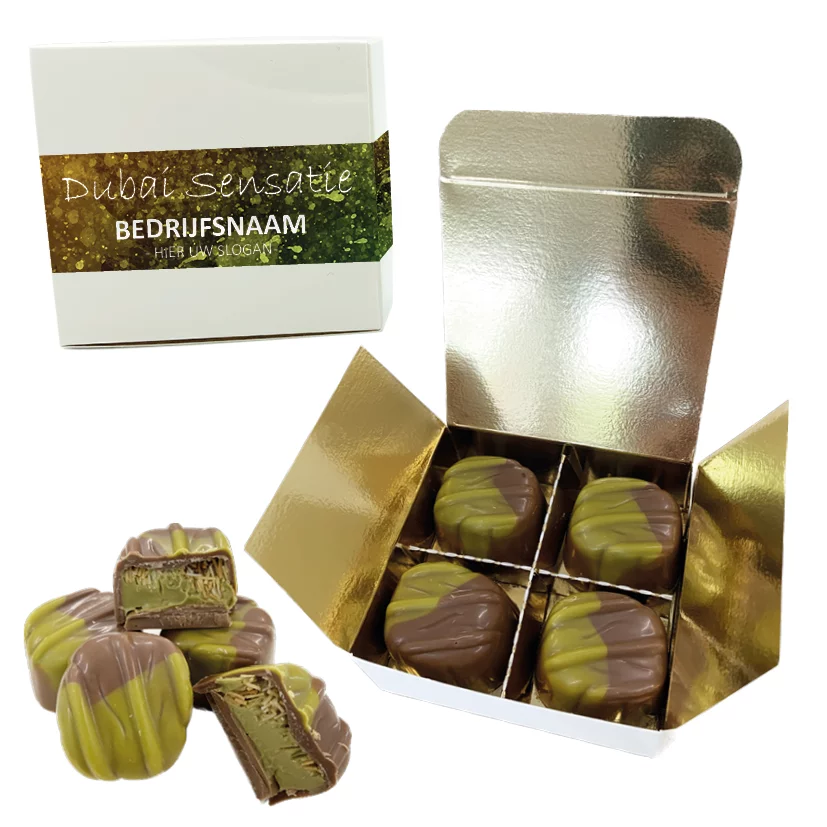 VIP Doosje met 4 DUBAI bonbons - inclusief dekselsticker of banderol