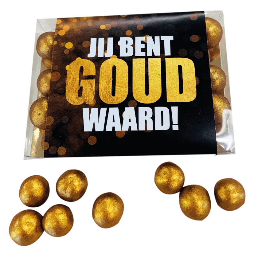 Geschenkdoosje met gouden chocolade crispy parels - inclusief banderol