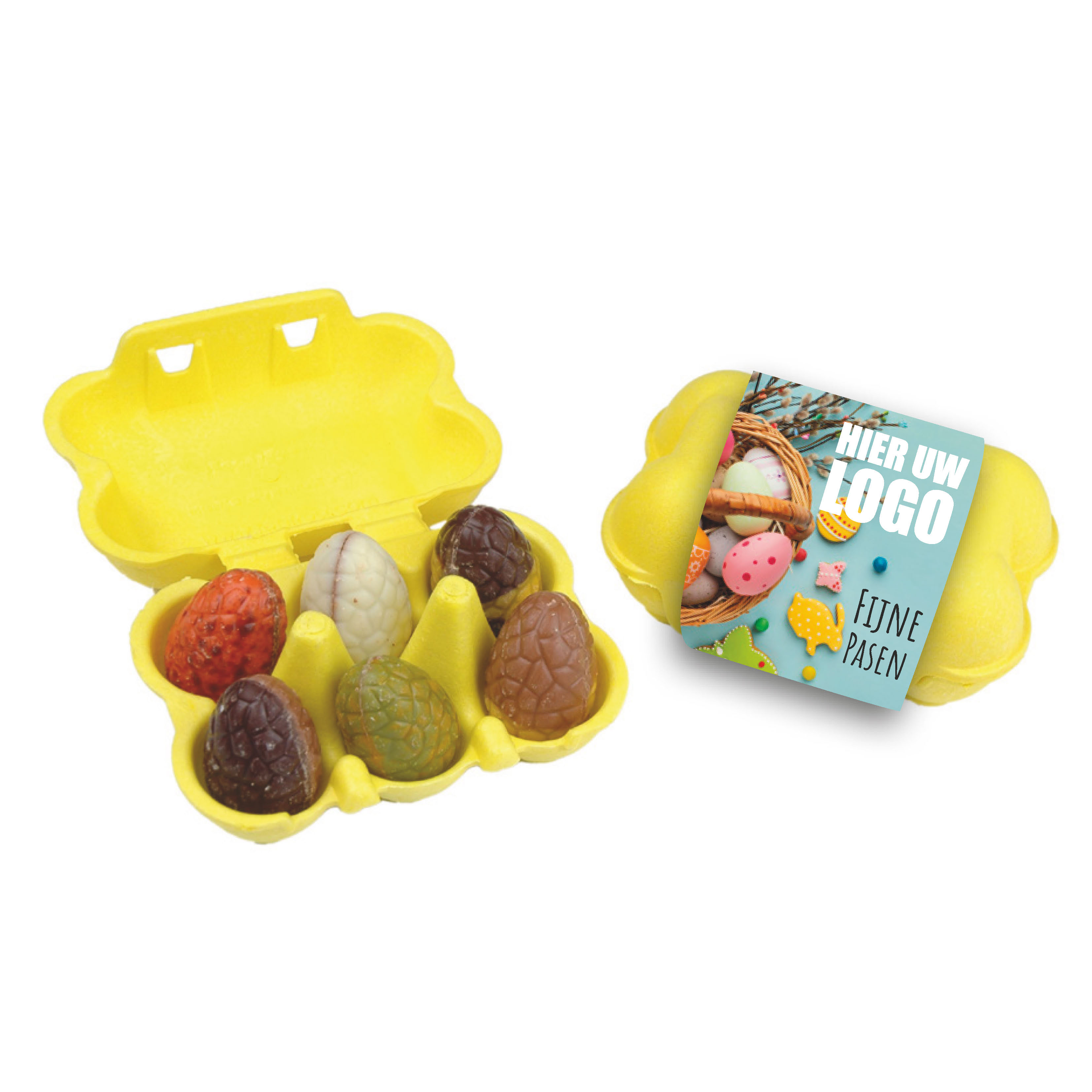 geel paaseitdoosje biologisch, paasei doosje met logo