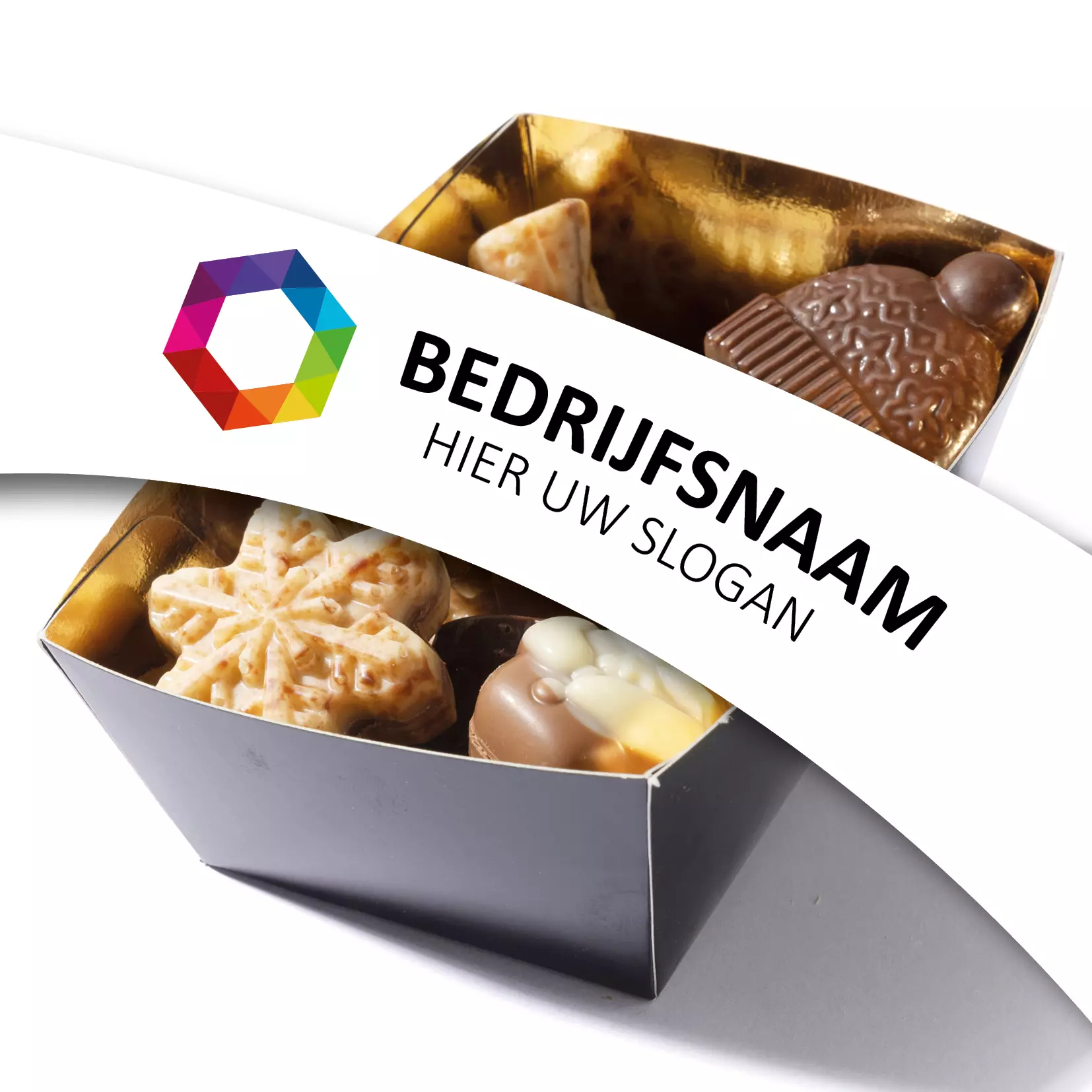 Chocolade bakje 175 gram, flowpack bakje chocolade, winter, chocolade met een logo