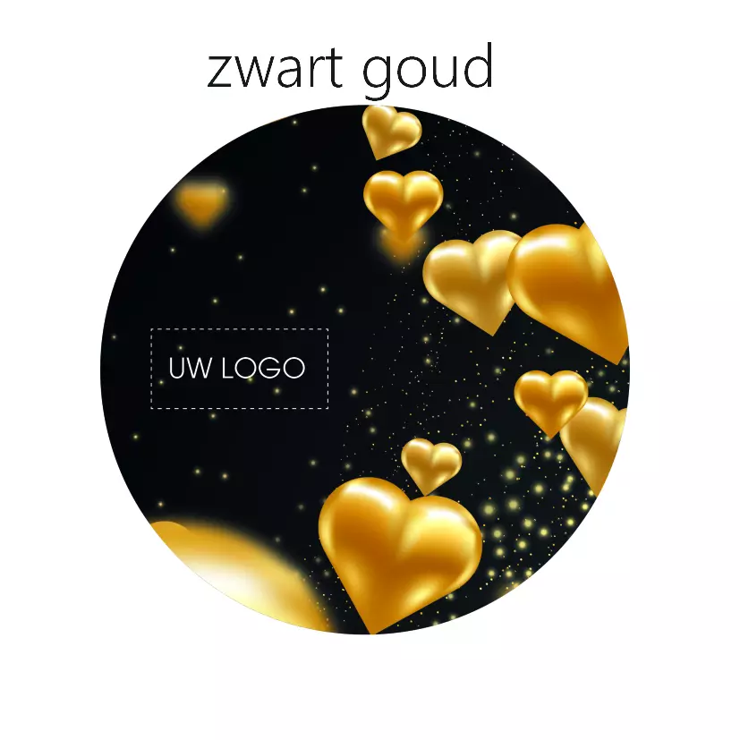 Valentijn_zwart_goud Bio snoepbeker 100 gram hartjes