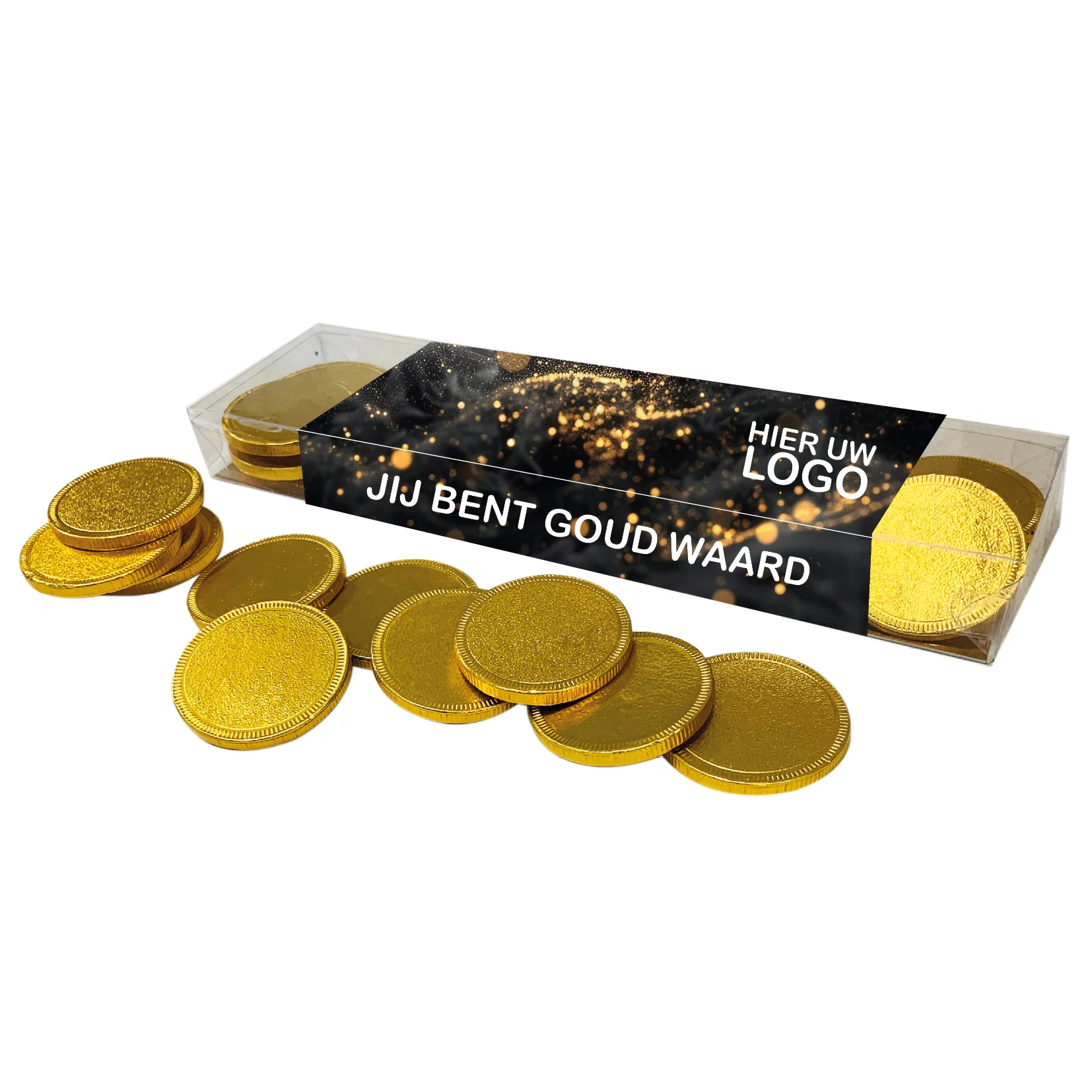 Doosje met 25 chocolade gouden munten inclusief banderol