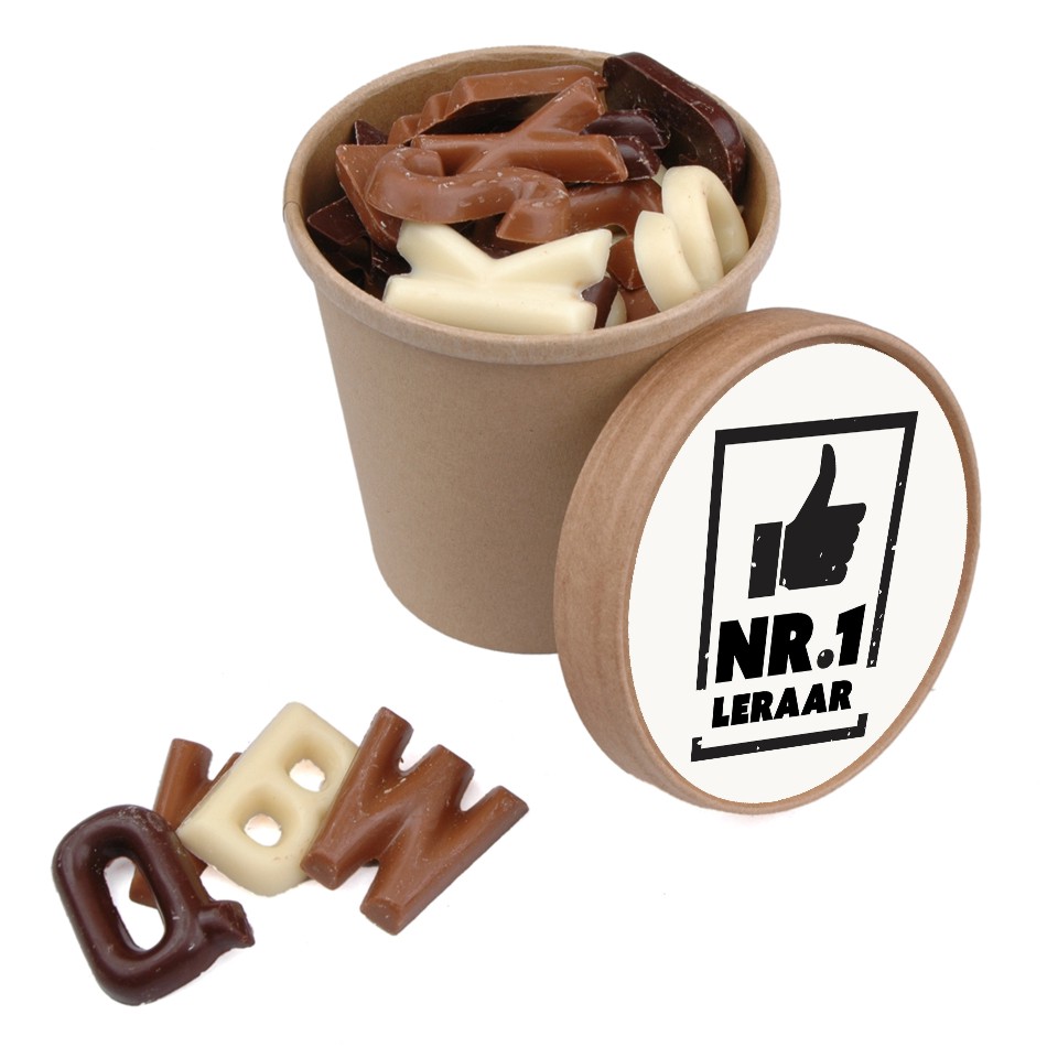 Chocolade lettertjes, biobeker met logo