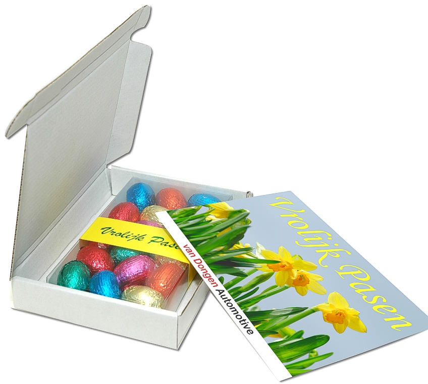 Brievenbusdoosje 150 gram Verzenddoos met 150 gram eitjes en een kaart
