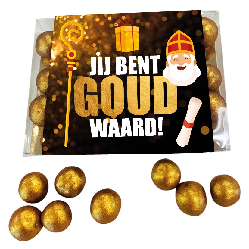 SINT Geschenkdoosje met gouden chocolade crispy parels - inclusief banderol