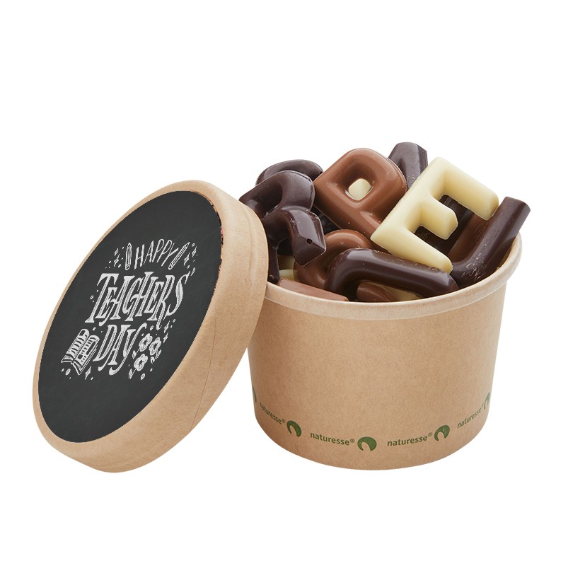 Chocolade letter, lettertjes, biobeker met logo