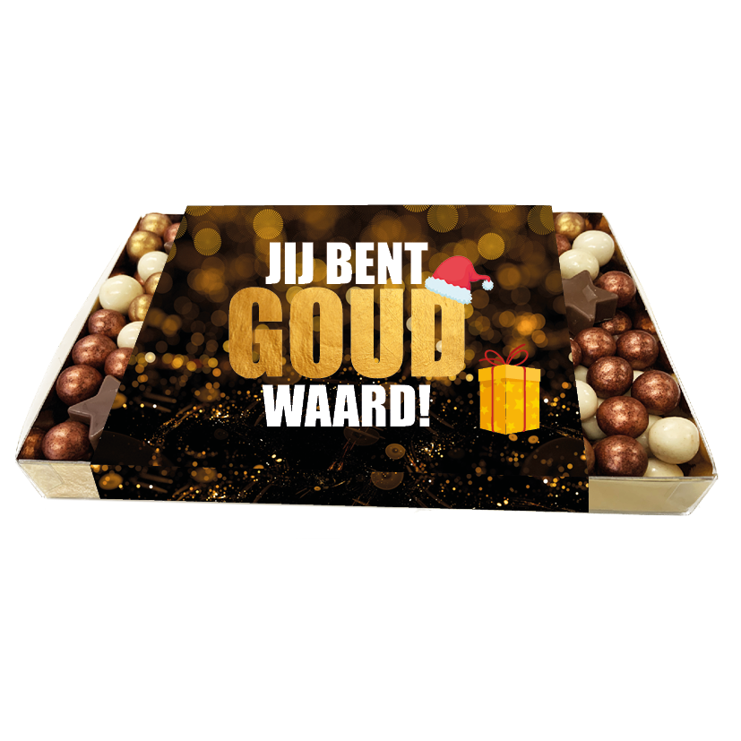 Kerstbox met chocolade melk sterretjes + chocolade kerstballetjes - inclusief banderol