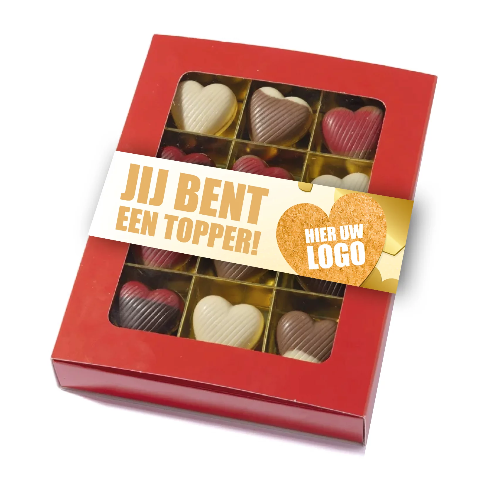 Geschenkdoosje met 12 chocolade hartjes + eigen banderol