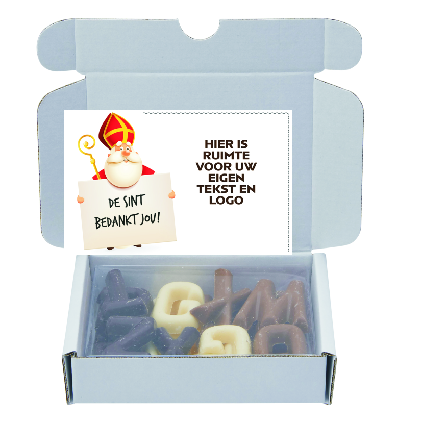 Verzenddoosje chocolade lettertjes, sinterklaas